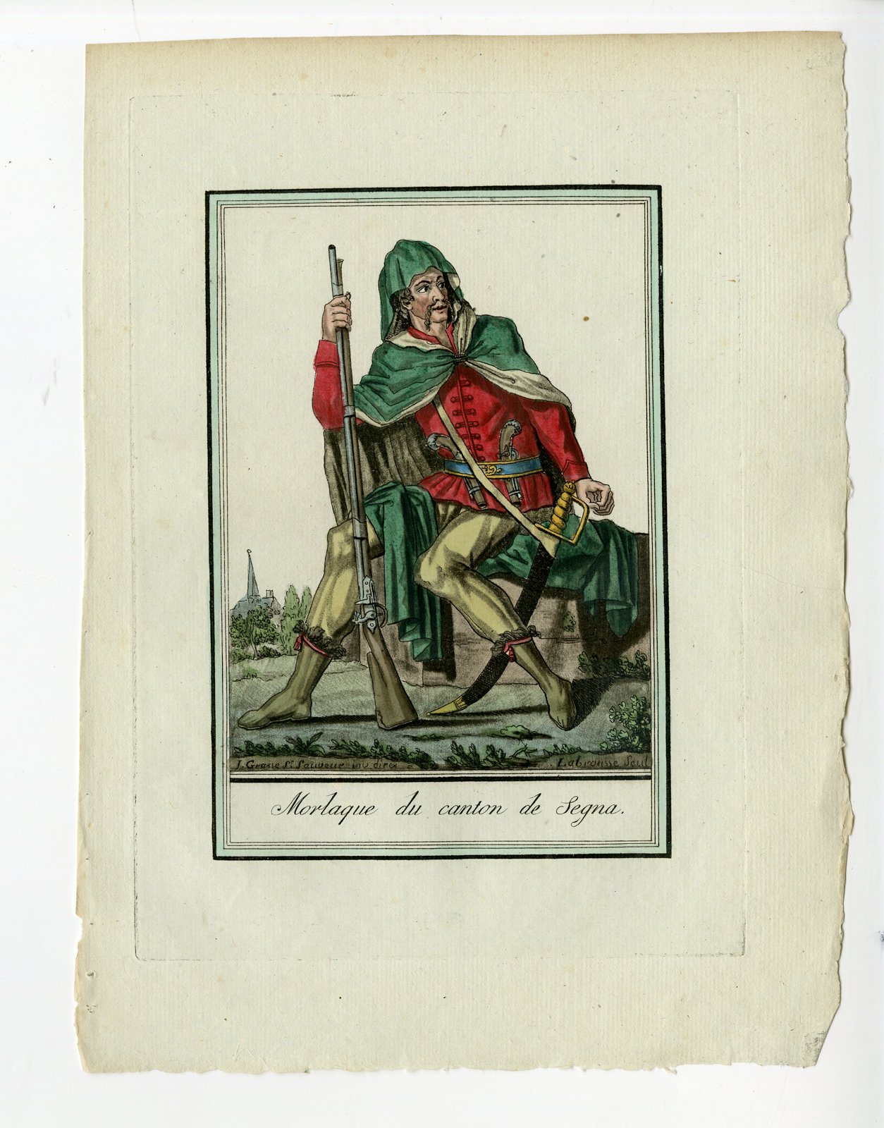 , 2 Antique Prints-WOMAN-SOLDIER-MORLACHIA-SEGNA-COSTUME-Grasset-Labrousse-c.1792, Pictura Antique Prints