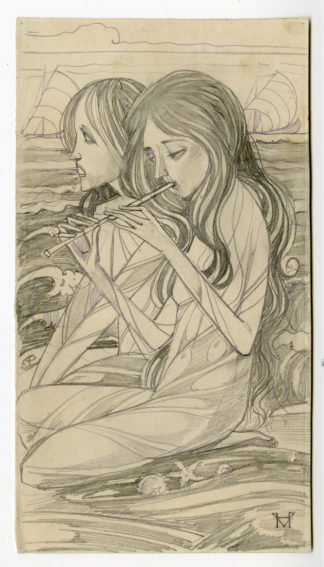 Old Drawing-ART-COASTAL VIEW-FEMALES-PLAYING FLUTE-Herman Veldhuis-c.1920