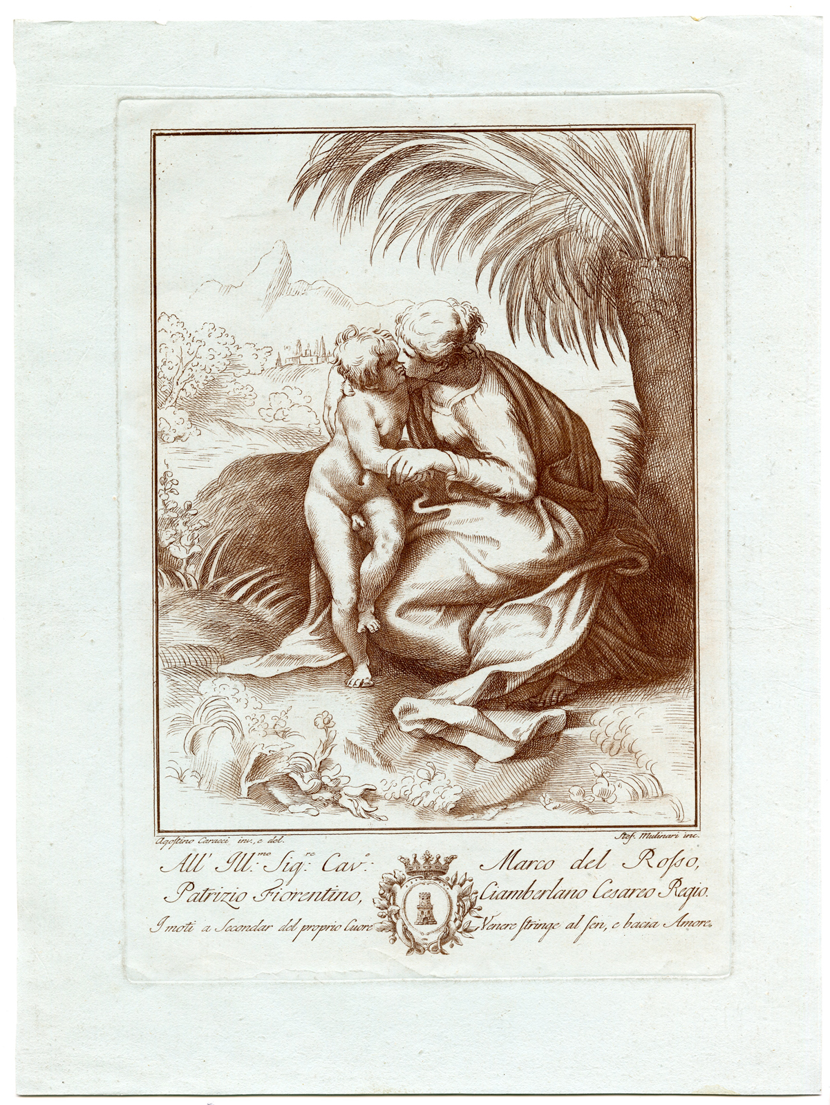 , Antique Print-VENUS EMBRACES LOVE-Caracci-Mulinari-c.1770, Pictura Antique Prints