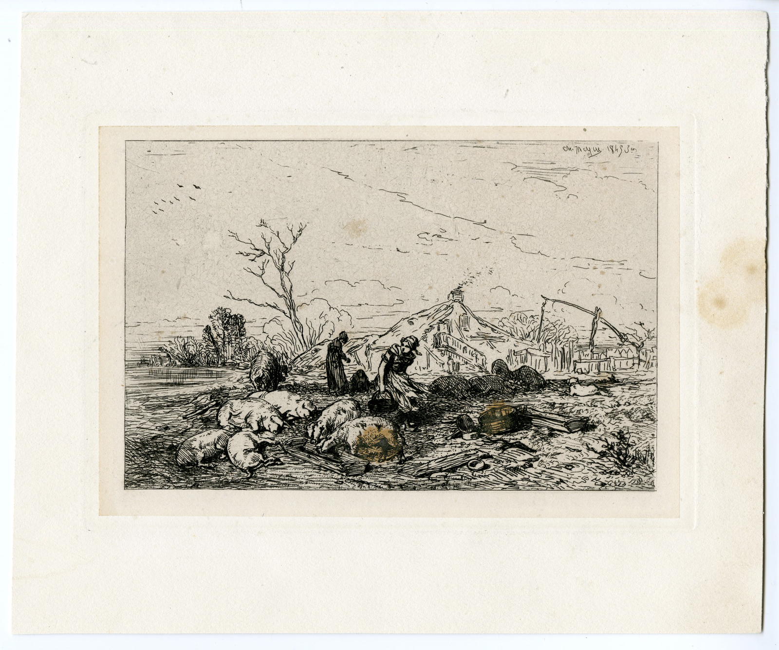 , Antique Print-FARMER-PIGS-LANDSCAPE-Charles Jacque-1849, Pictura Antique Prints