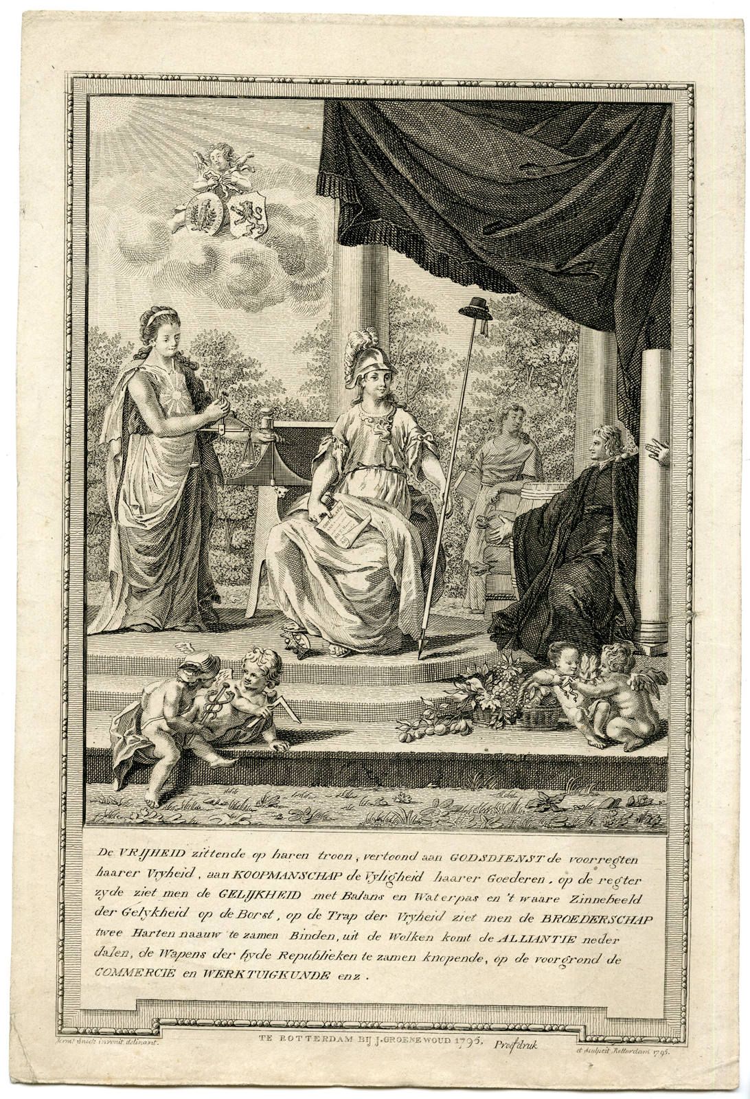 , Antique Print-ALLEGORY ALLIANCE FRANCE-BATAVIAN REPUBLIC-Snoek-1795, Pictura Antique Prints