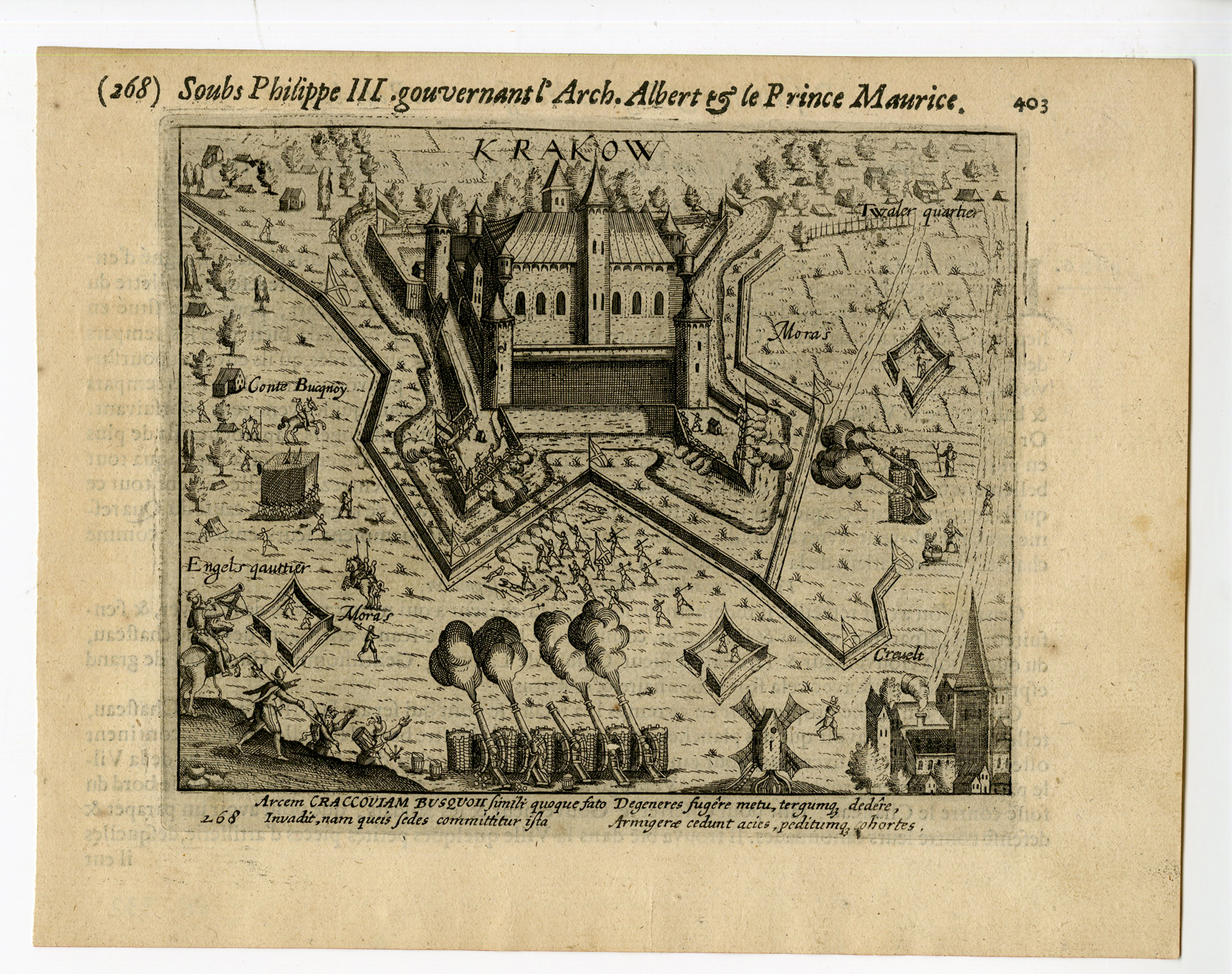, Antique Print-KRAKOW-CRACAU CASTLE-KREFELD-Baudartius-1616, Pictura Antique Prints
