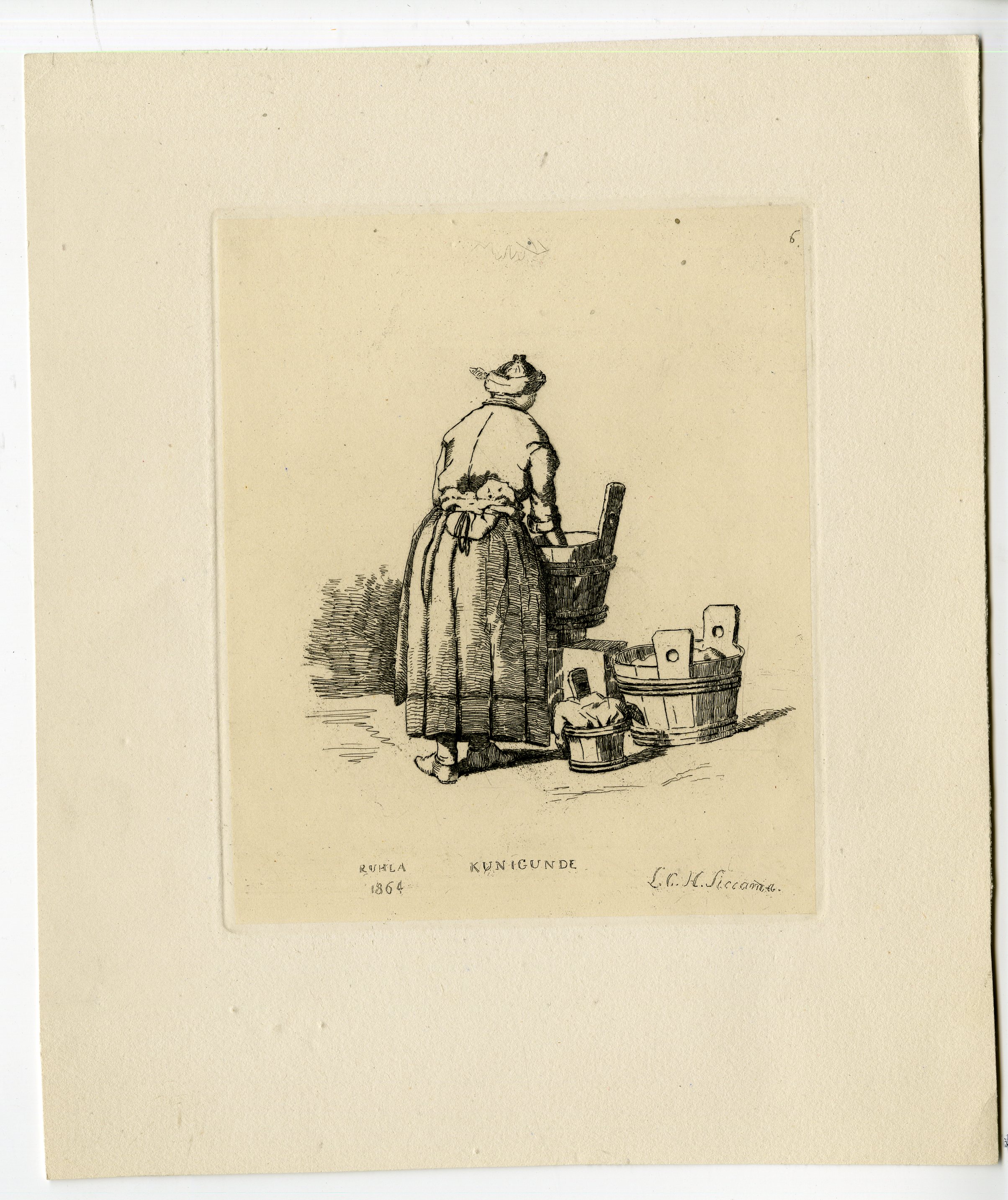 , Antique Print-WOMAN WASHING CLOTHES-KUNIGUNDE-Siccama-1864, Pictura Antique Prints
