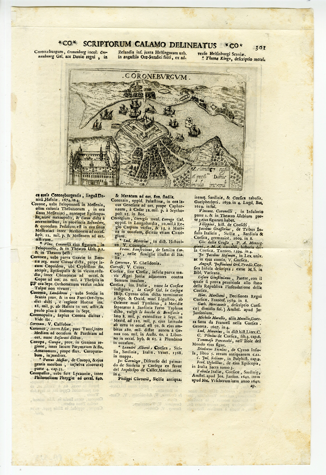 , 2 Antique Prints-KRONBORG CASTLE DENMARK-CORSICA-Valeggio-Varea-Savonarola-1713, Pictura Antique Prints