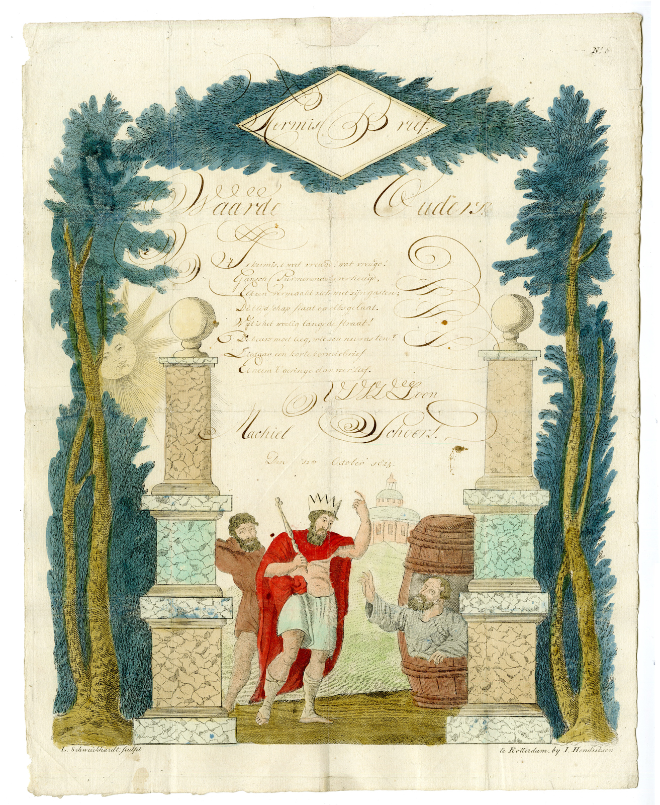, Antique Print-GOOD WISH LETTER-CALLIGRAPHY-ALEXANDER THE GREAT-DIOGENES-1823, Pictura Antique Prints