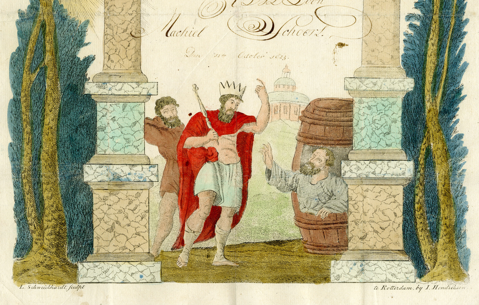 , Antique Print-GOOD WISH LETTER-CALLIGRAPHY-ALEXANDER THE GREAT-DIOGENES-1823, Pictura Antique Prints