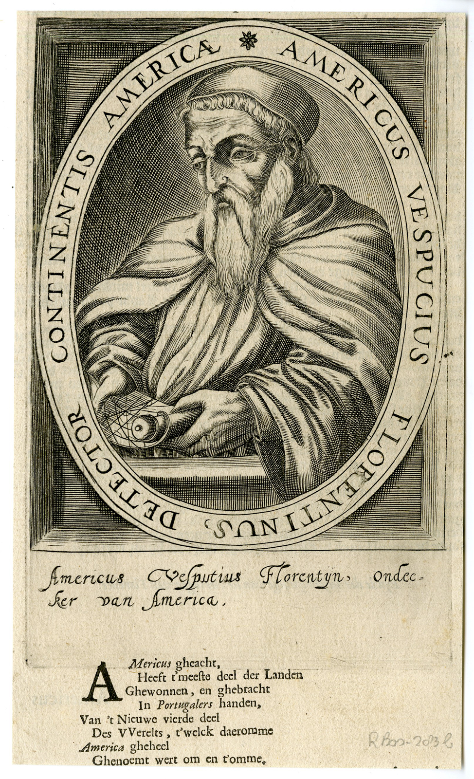 , Antique Print-PORTRAIT AMERICO VESPUCCI-N. de Clerck-1617, Pictura Antique Prints