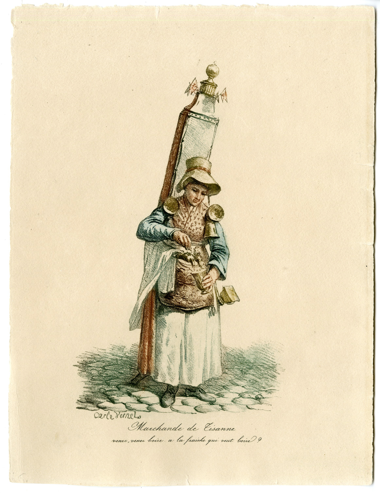 Rbos 0291 416x540 4 Antique Prints-STREET MERCHANTS-LIQUOR-CAKE-HATS-Vernet-late 19th.c.