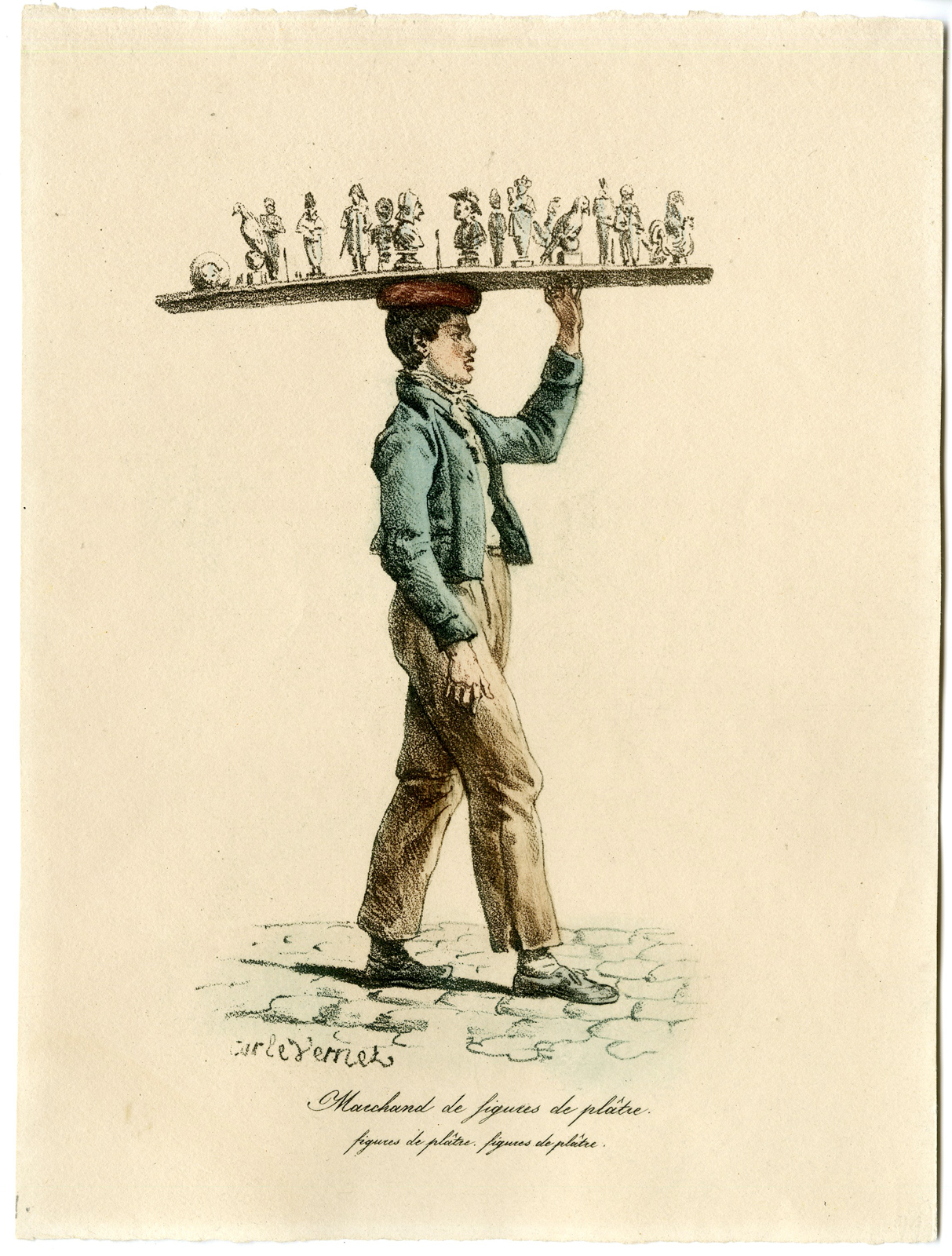 Rbos 0293 416x549 4 Antique Prints-STREET MERCHANTS-LIQUOR-CAKE-HATS-Vernet-late 19th.c. - Image 3