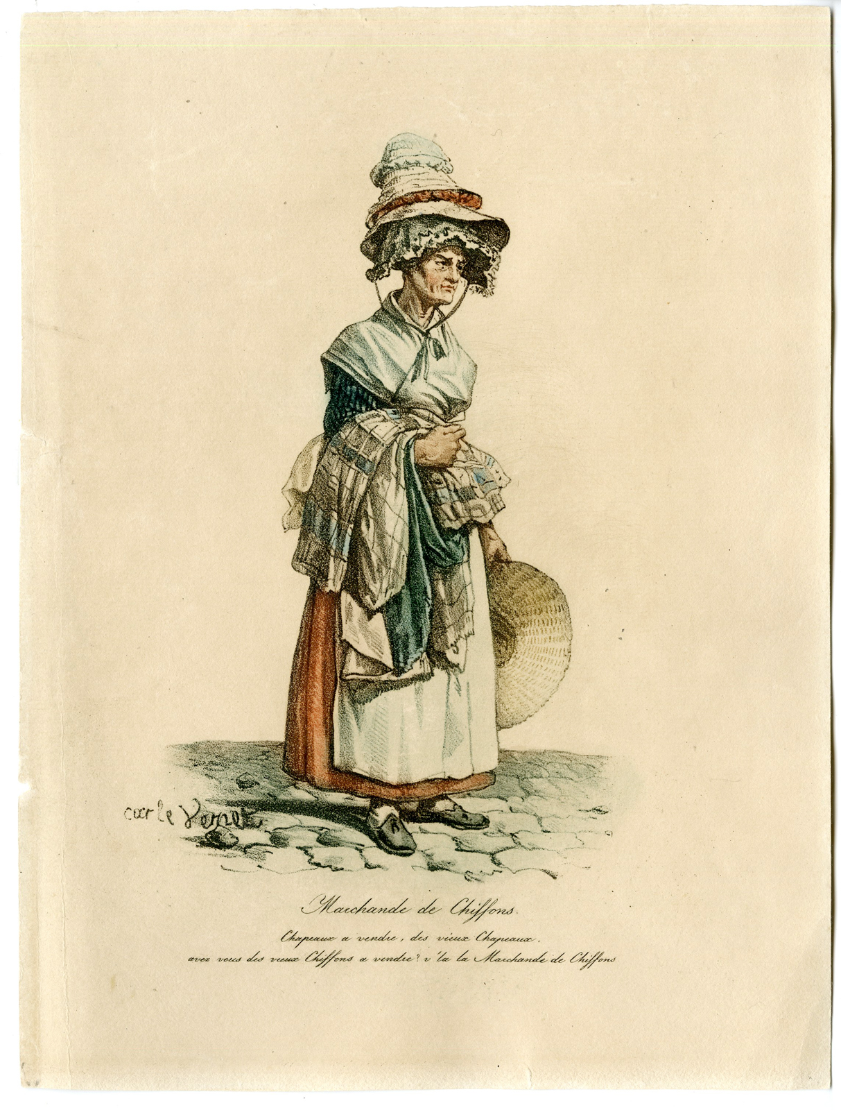 Rbos 0295 416x549 4 Antique Prints-STREET MERCHANTS-LIQUOR-CAKE-HATS-Vernet-late 19th.c. - Image 5