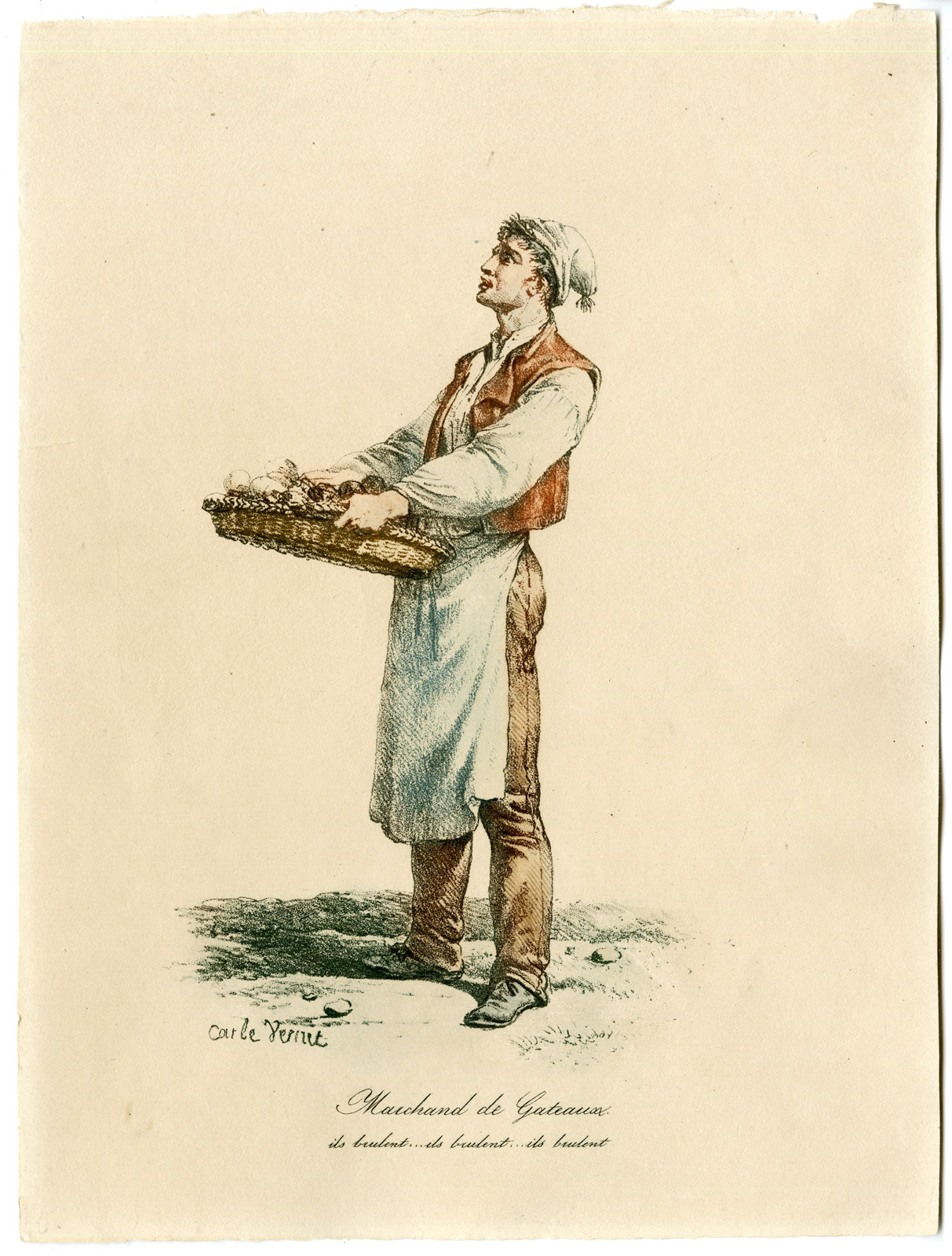 Rbos 0297 416x549 4 Antique Prints-STREET MERCHANTS-LIQUOR-CAKE-HATS-Vernet-late 19th.c. - Image 7