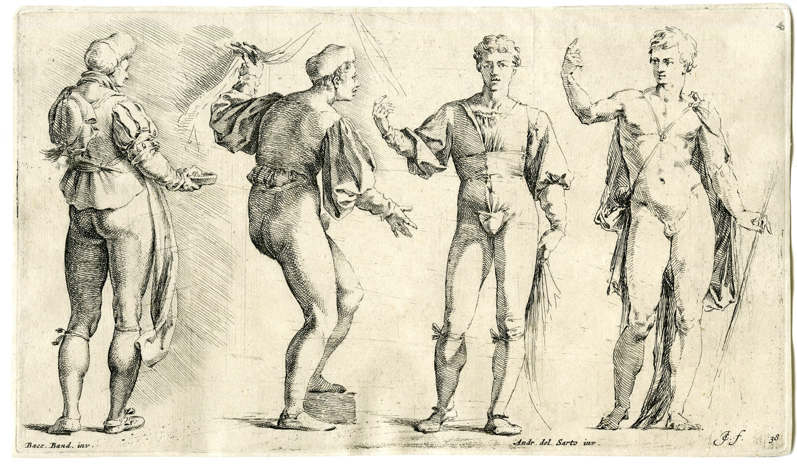 , Antique Master Print-FOUR MALE NUDE FIGURES-Bisschop-c.1668, Pictura Antique Prints