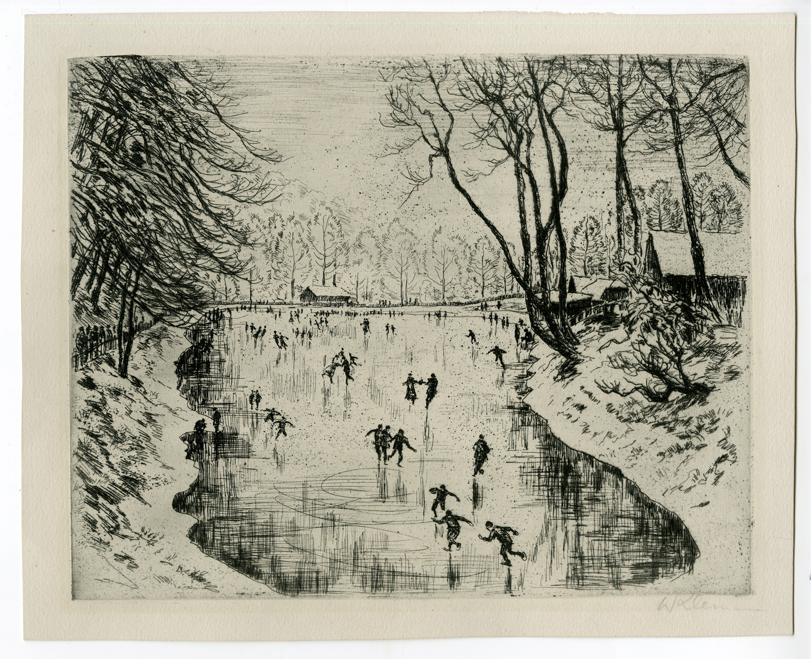 , Antique Print-SKATERS ON A LAKE-LANDSCAPE-Klemm-c.1928, Pictura Antique Prints