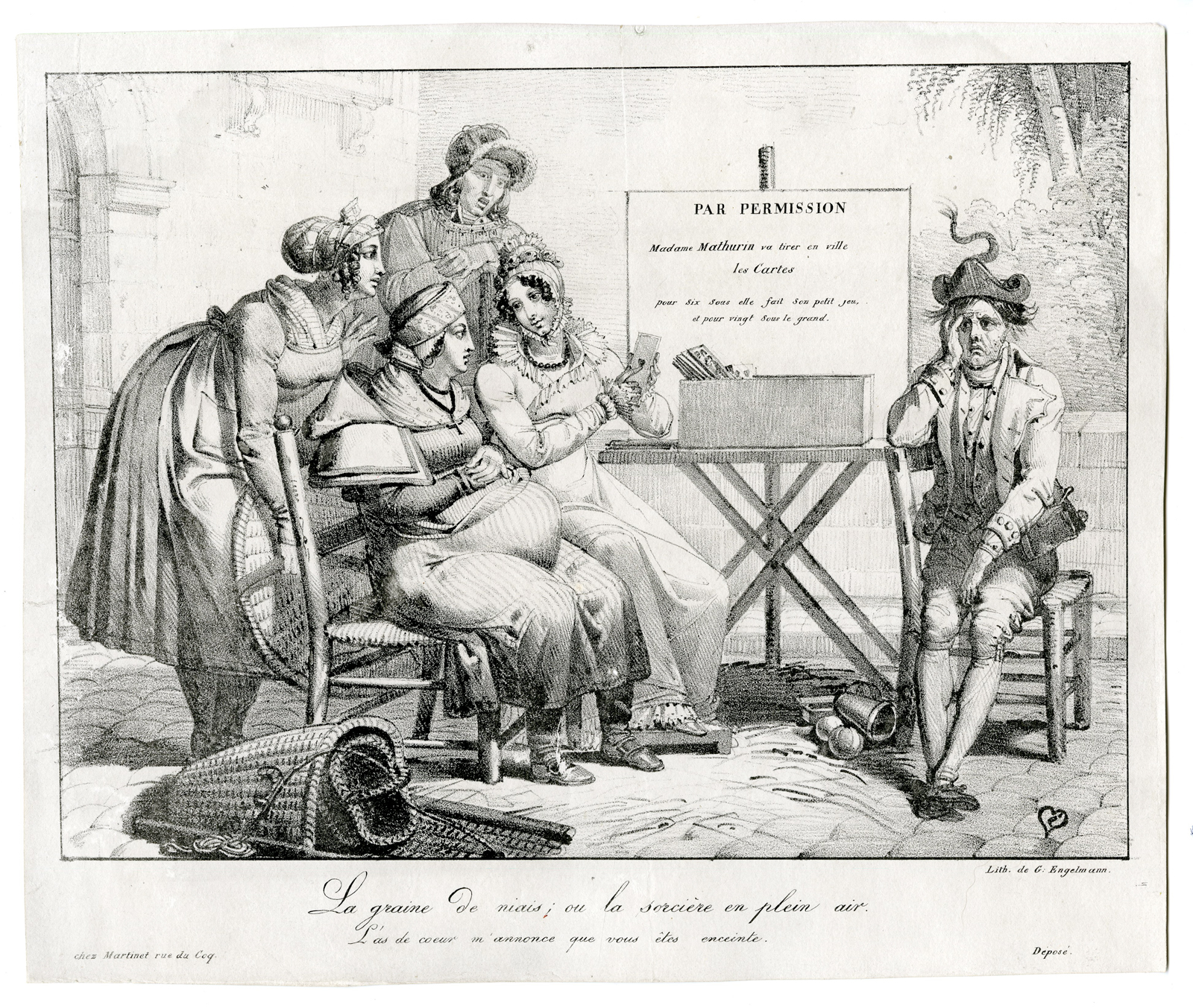 , Antique Print-SATIRE-FORTUNE TELLER-CARDS READER-SORCERER-MADAME MATHURIN-Engelmann-c.1820, Pictura Antique Prints