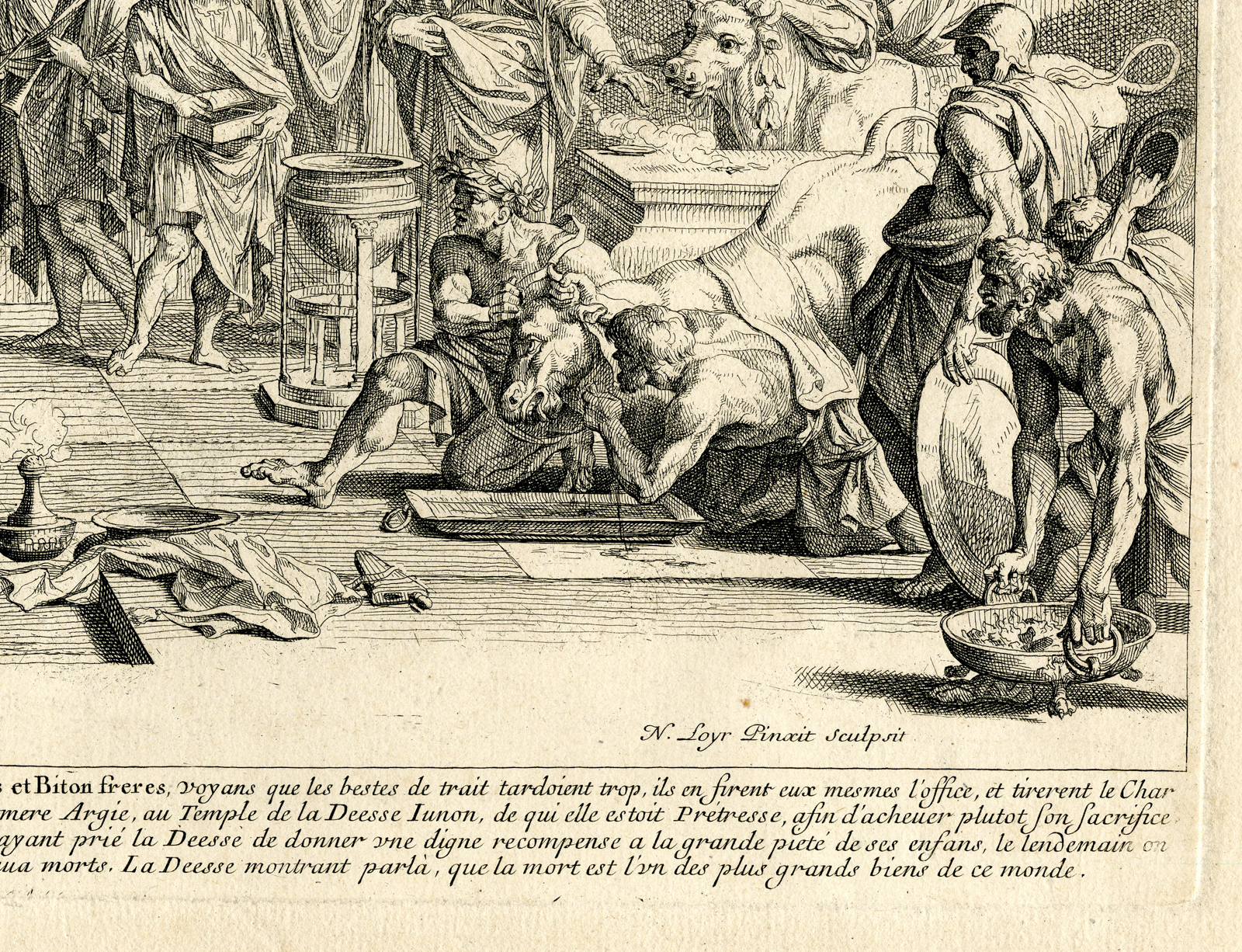 , Rare Antique Print-CLEOBIS & BITON-TEMPLE ARGOS-SACRIFICE-by Nicolas-Pierre Loir-17th.c., Pictura Antique Prints