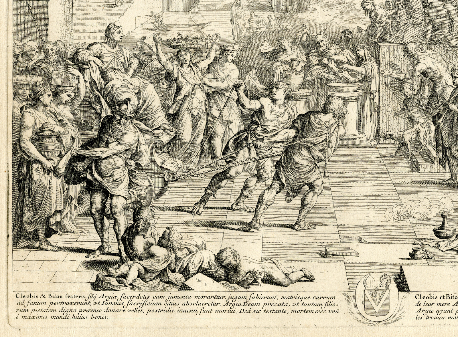 , Rare Antique Print-CLEOBIS & BITON-TEMPLE ARGOS-SACRIFICE-by Nicolas-Pierre Loir-17th.c., Pictura Antique Prints