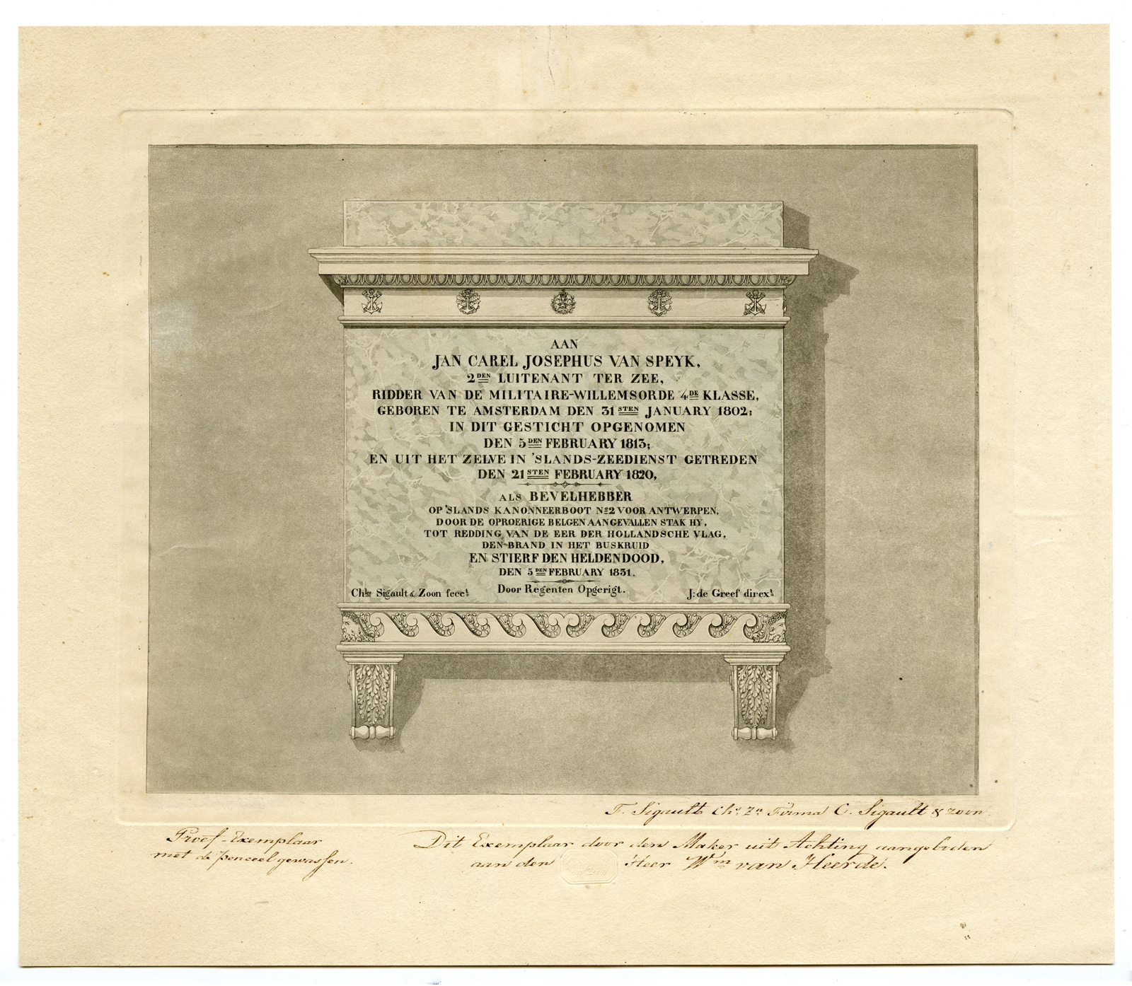 , Rare Antique Master Print-Proof ed.-MONUMENT JAN VAN SPEYK-Ch. Sigault-, Pictura Antique Prints