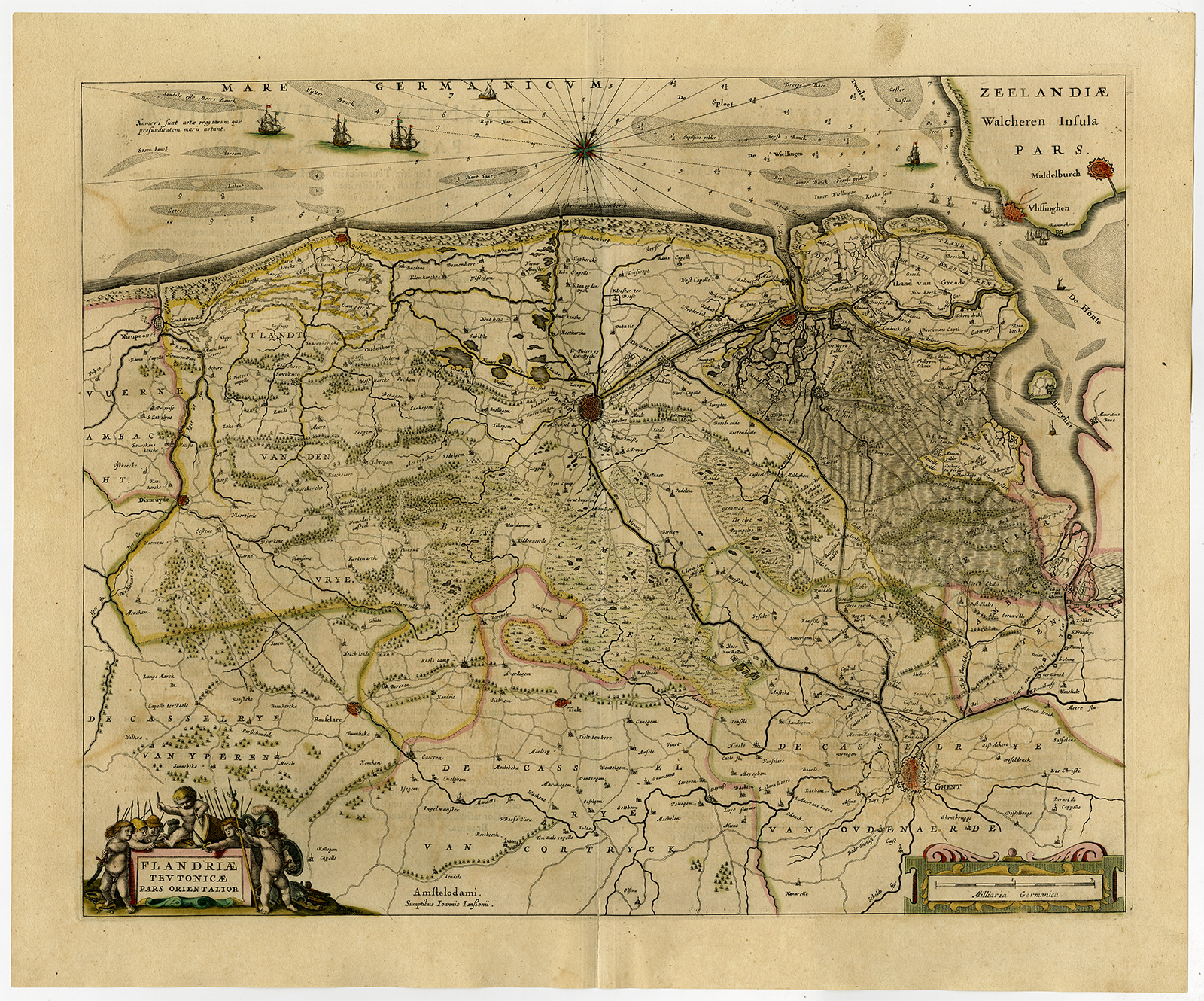 , Antique Print-BELGIUM-NIEUWPOORT-MIDDELBURG-GHENT-Janssonius-1647, Pictura Antique Prints