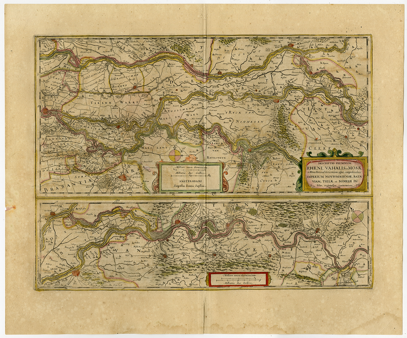 , Antique Print-NETHERLANDS-COURSE OF RIJN-MAAS-WAAL-Janssonius-1647, Pictura Antique Prints