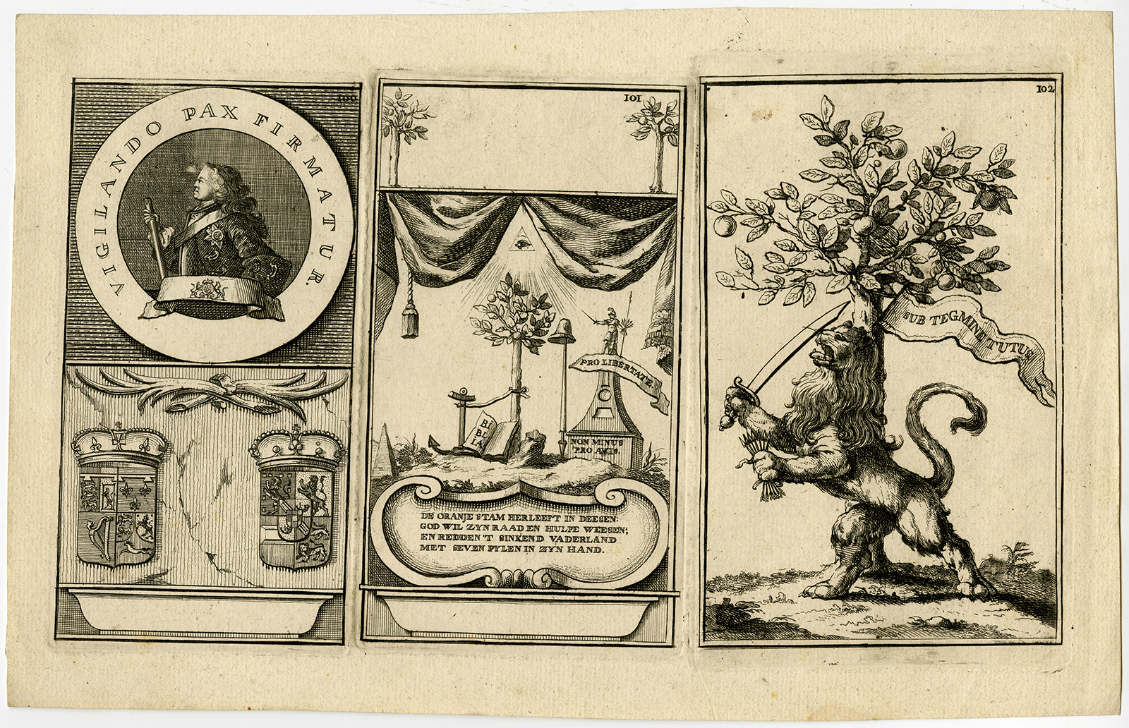 , Antique Print-WILLEM IV-NASSAU-LION-ORANGE TREE-PL. 100-102-de Groot-1751, Pictura Antique Prints