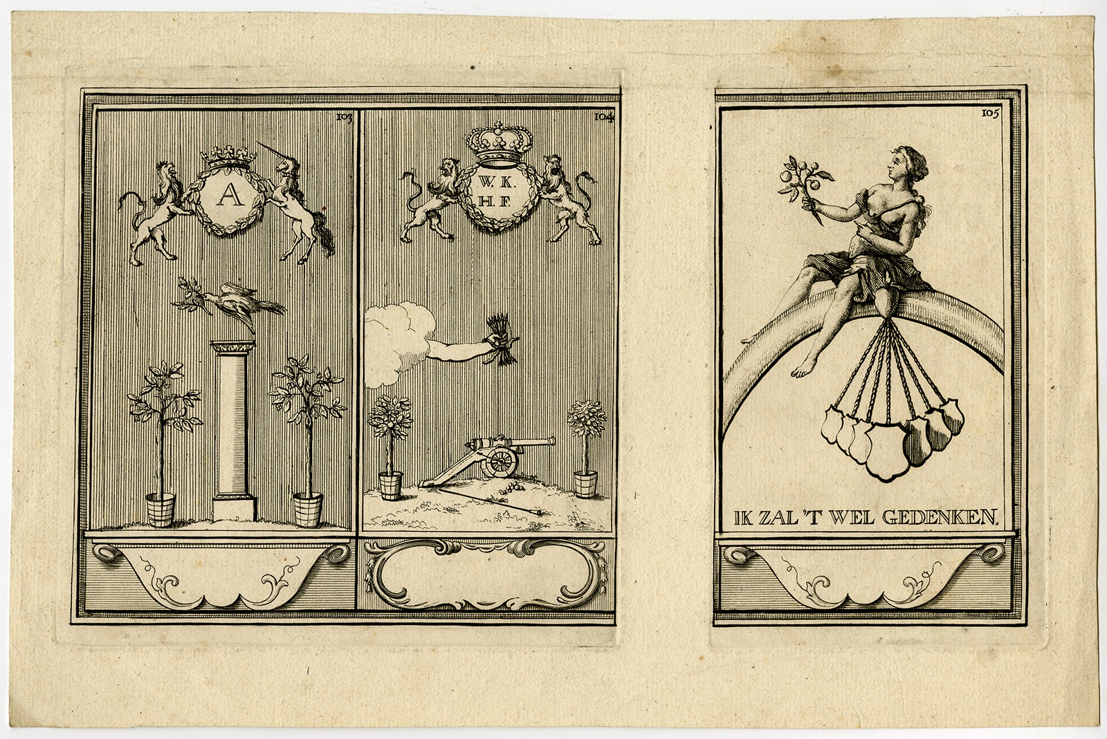 , Antique Print-WILLEM IV-NASSAU-LIONS-UNICORN-CANNON-PL. 103-105-de Groot-1751, Pictura Antique Prints