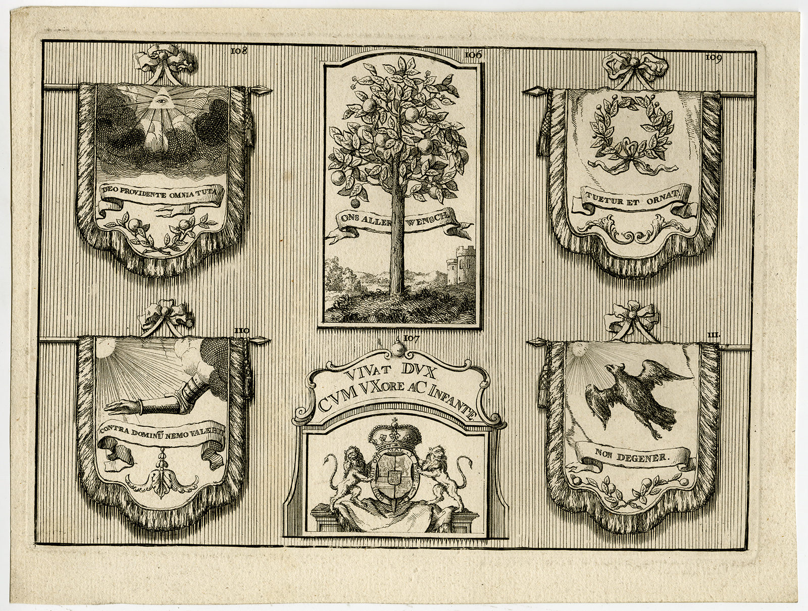, Antique Print-BANNERS-EYE-TREE-LIONS-PL. 107-111-de Groot-1751, Pictura Antique Prints
