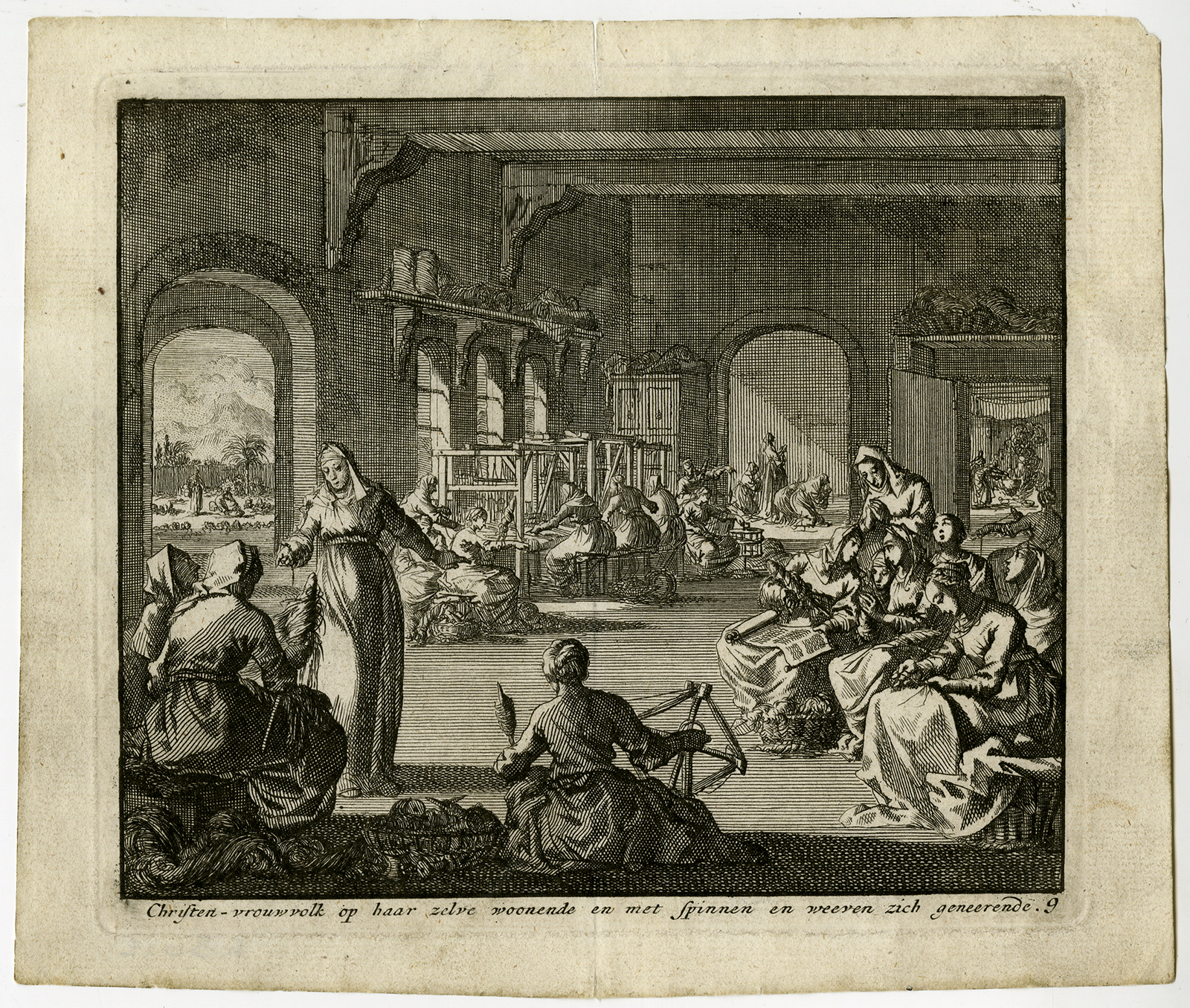 Rb012 416x352 Antique Print-CHRISTIAN-WOMEN-SPINNING-WEAVING- PL. 19-Luyken-1740