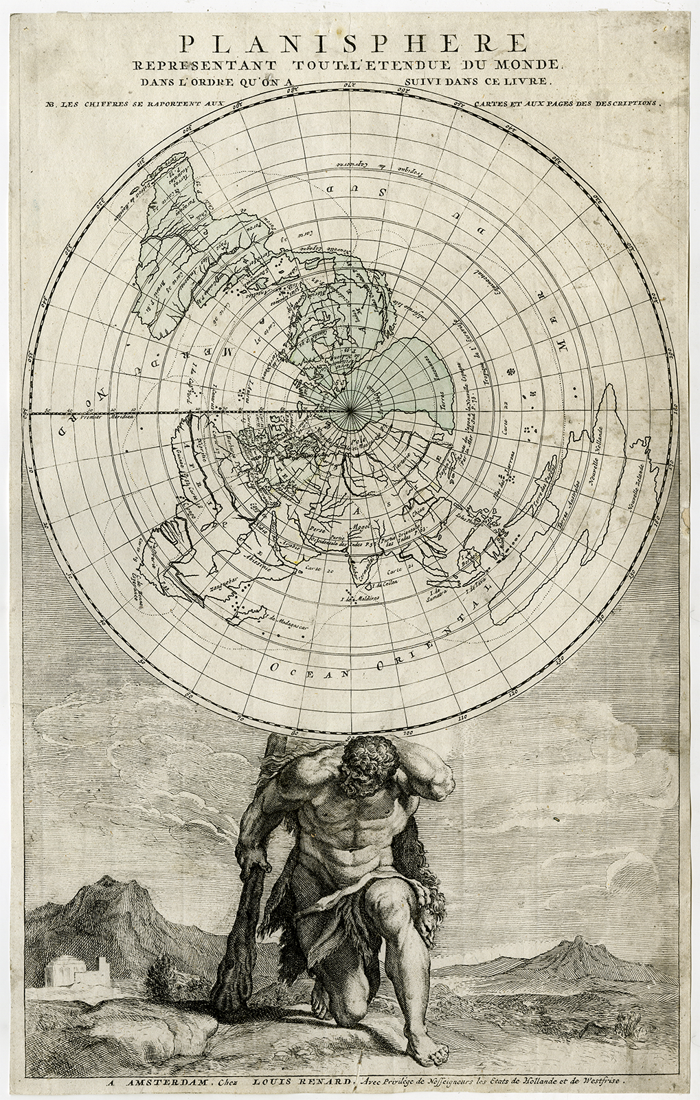 , Antique Print-PLANISPHERE-WORLD MAP-HERCULES-Renard-1715, Pictura Antique Prints