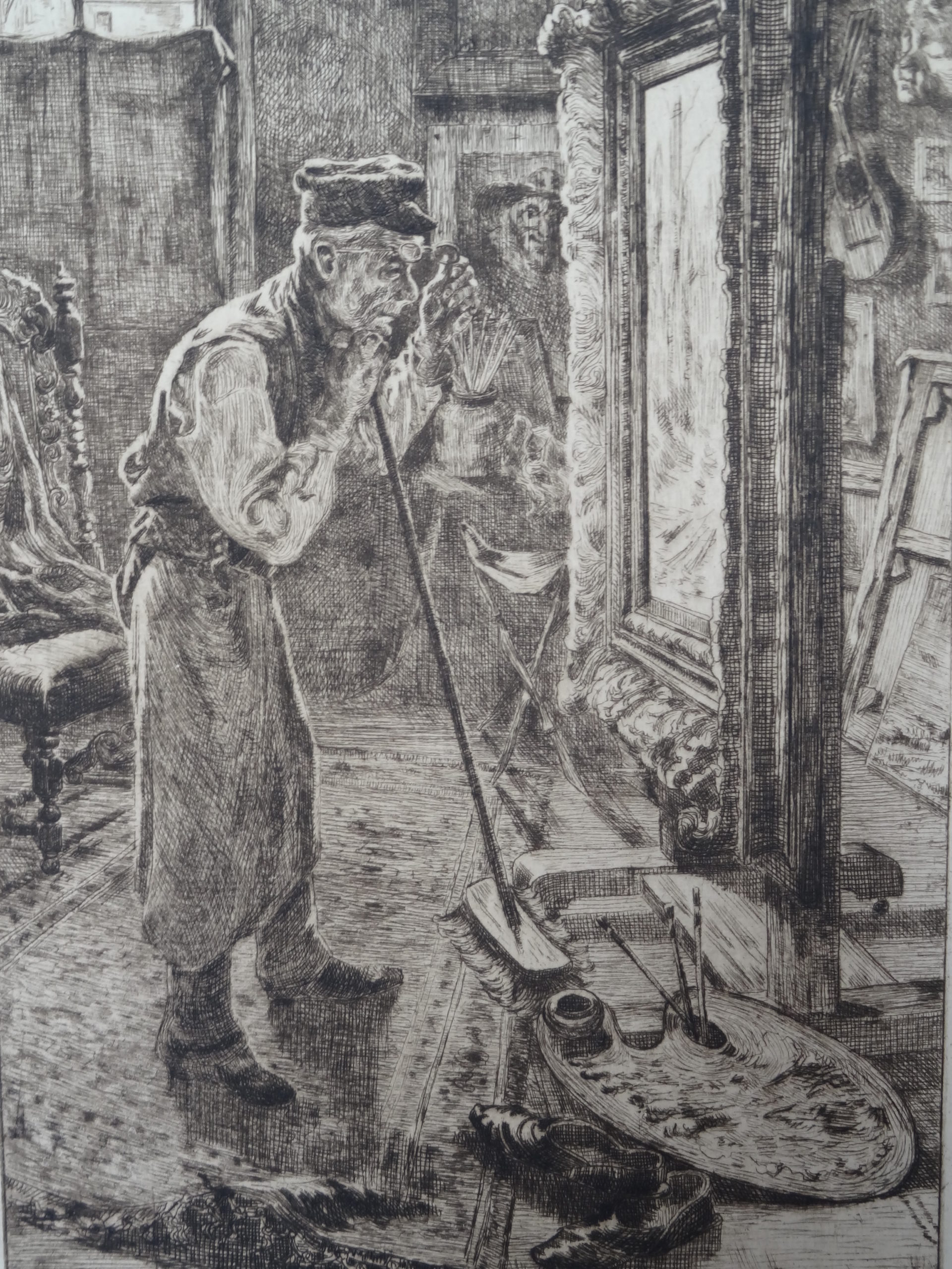 , Antique Print-PAINTERS STUDIO-BELGIAN ENGRAVER-HUMOROUS-van den Acker-c. 1900, Pictura Antique Prints