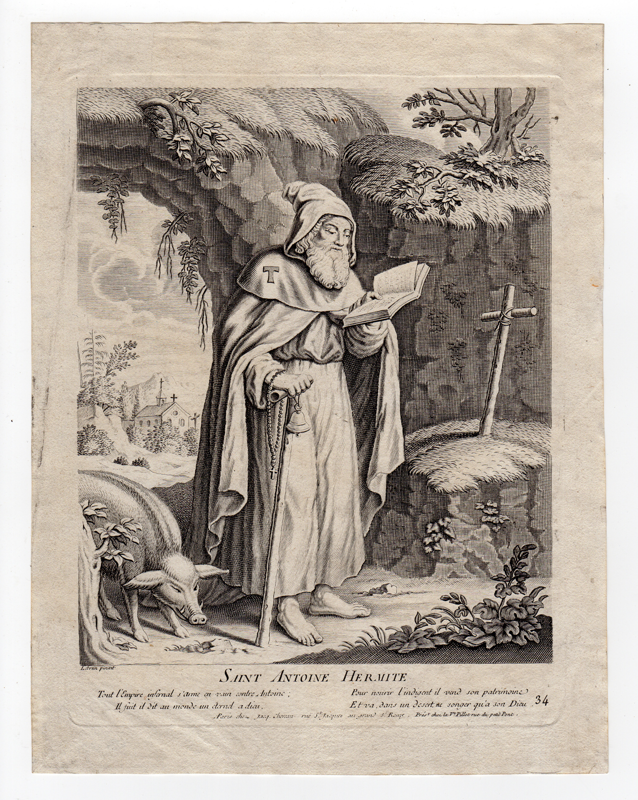 , Antique Print-SAINT-ANTHONY-PIG-RELIGION-le Brun-Chereau -c.1750, Pictura Antique Prints