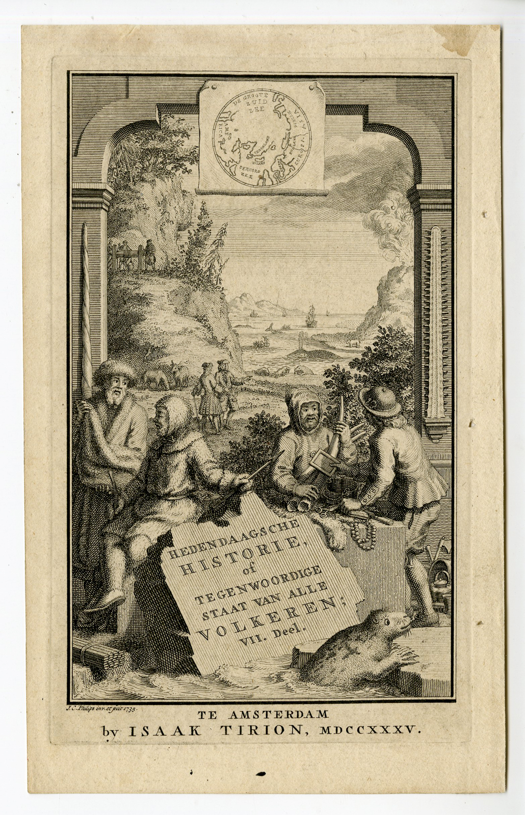 , Antique Print-TITLE ENGRAVING-EXPLORERS-TRAVELLERS-Philips-1735, Pictura Antique Prints