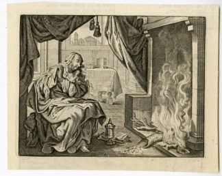 Antique Print-WOMAN AT FIREPLACE-Jacob Cats-c.1700