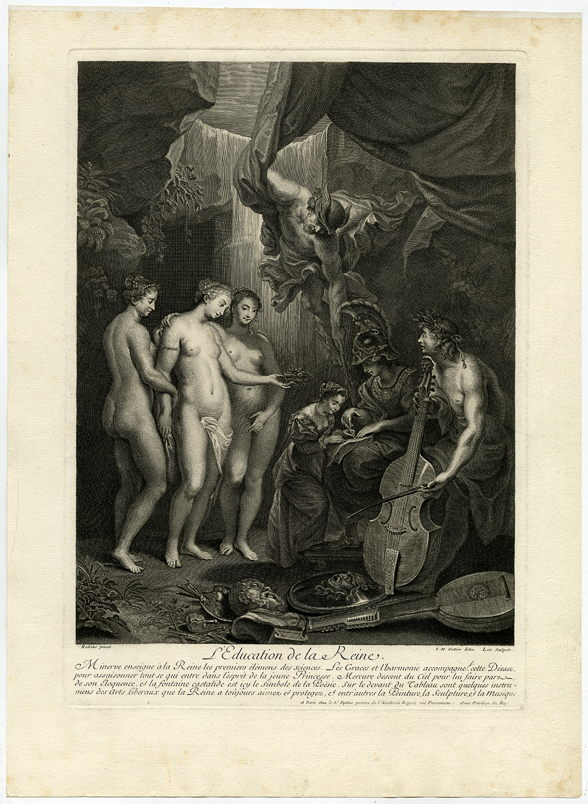 , Antique Master Print-EDUCATION OF MARIA DE MEDICI-LUTE-Rubens-Loir-1710, Pictura Antique Prints
