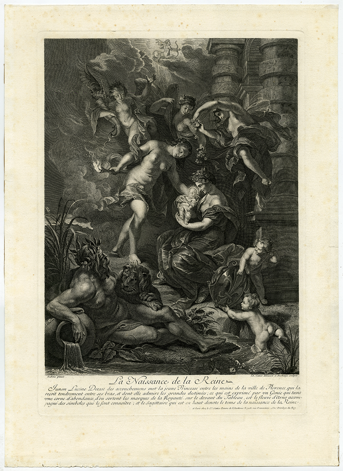 , Antique Master Print-NAISSANCE-BIRTH OF MARIA DE MEDICI-Rubens-Duchange-1710, Pictura Antique Prints