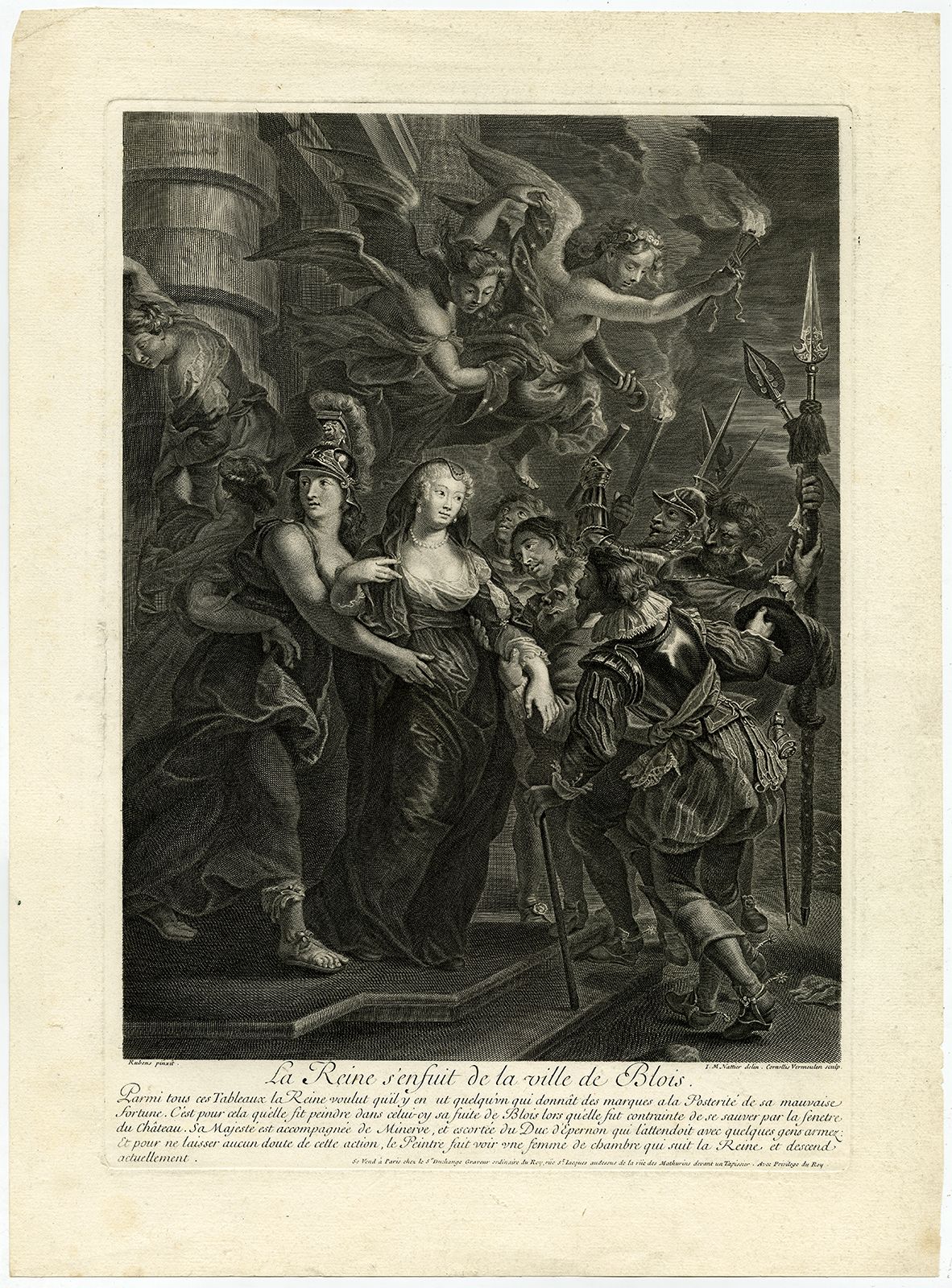 , Antique Master Print-MARIA DE MEDICI-ESCAPE FROM BLOIS-Rubens-Vermeulen-1710, Pictura Antique Prints