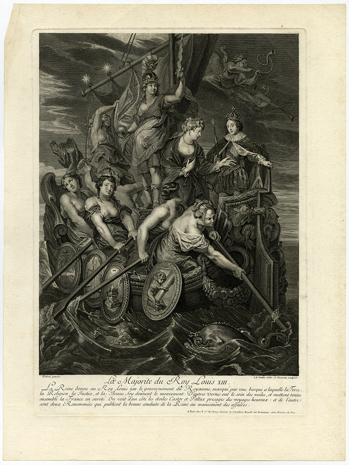 , Antique Master Print-AGE OF MAJORITY-LOUIS XIII-DE MEDICI-Rubens-Trouvain-1710, Pictura Antique Prints