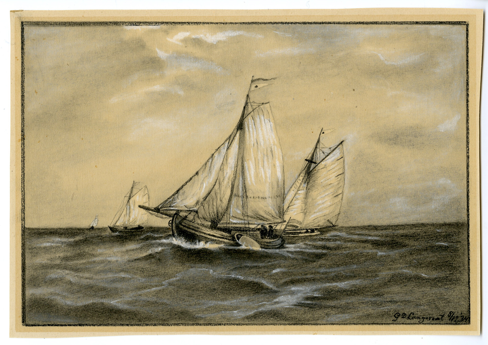 , Antique Drawing-DUTCH SAILING SHIPS-Langeraat-1934, Pictura Antique Prints