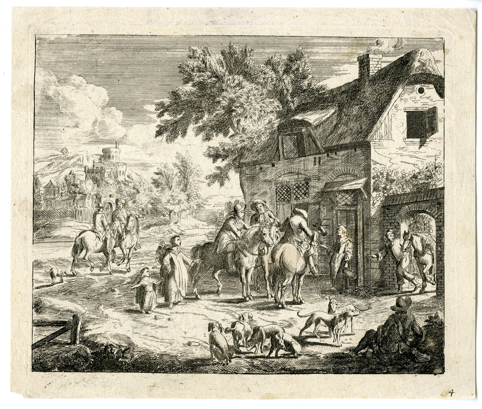 , Rare Antique Print-HUNTING-HORSEMEN AT AN INN-LANDSCAPE-van der Vinne-17th.c., Pictura Antique Prints