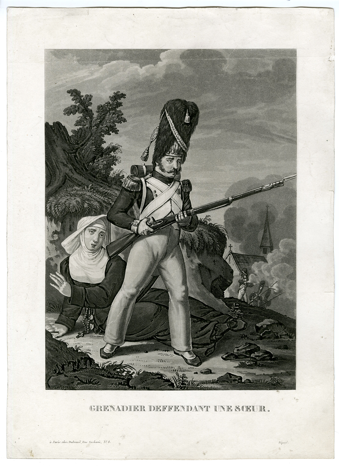 , Antique Print-GRENADIER-SOLDIER DEFENDING NUN-Dubreuil-c.1800, Pictura Antique Prints