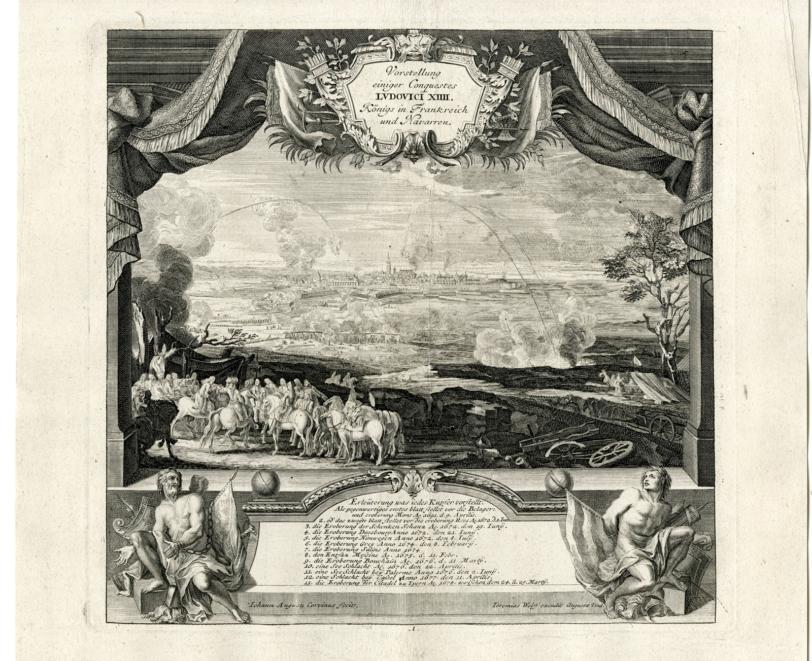, Antique Print-TITLE PLATE-CONQUEST MONS-BERGEN-LOUIS XIV-Wolff-Corvinus-c.1720, Pictura Antique Prints
