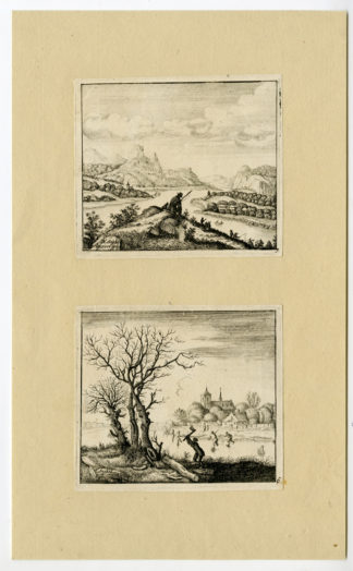 2 Antique Master Prints-LANDSCAPES-FISHER-SKATERS-Saftleven-de Winter-c.1668