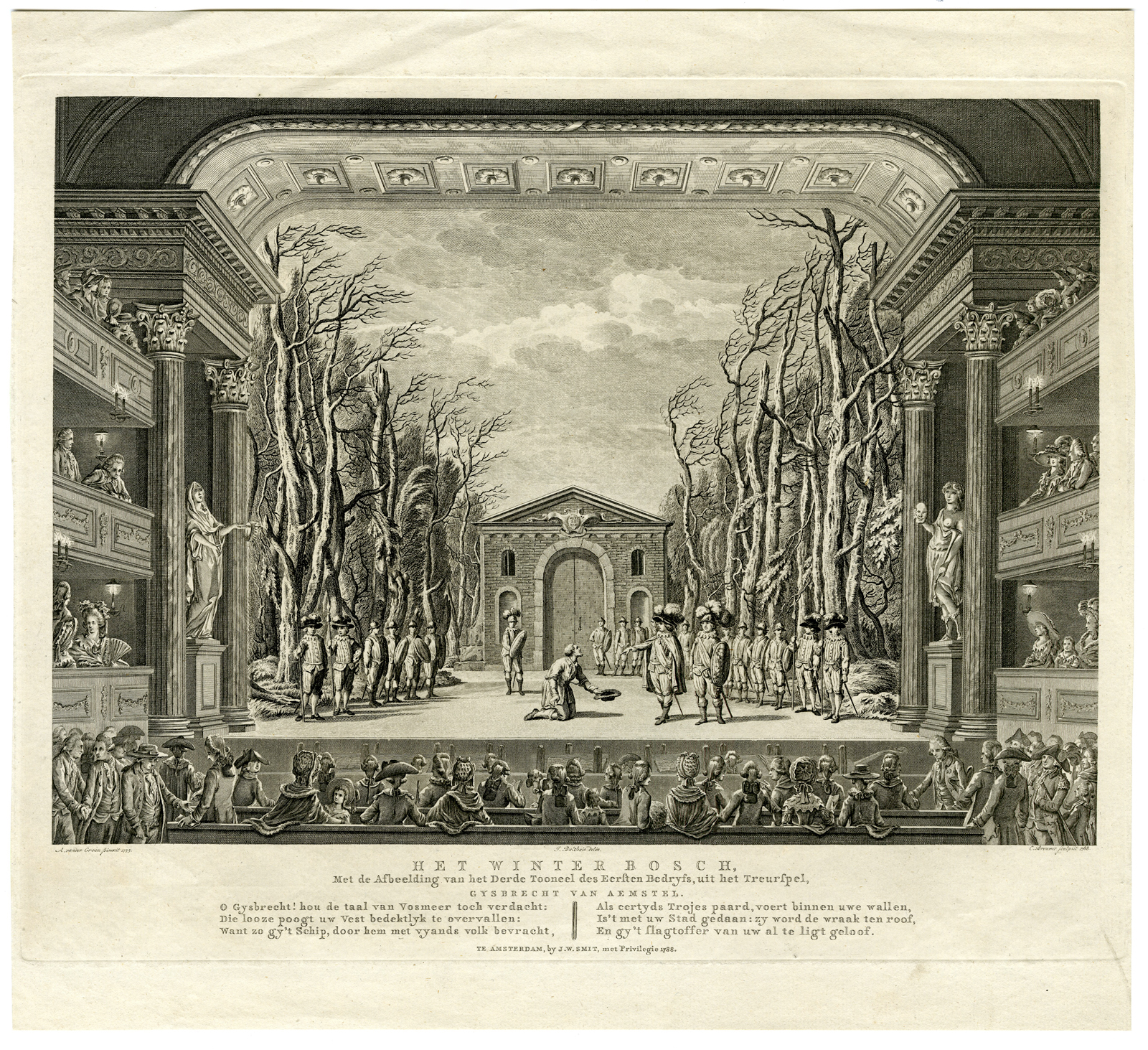 , Antique Print-STAGE DECOR-THEATRE-GYSBECHT VAN AMSTEL-Groen-Brouwer-1788, Pictura Antique Prints