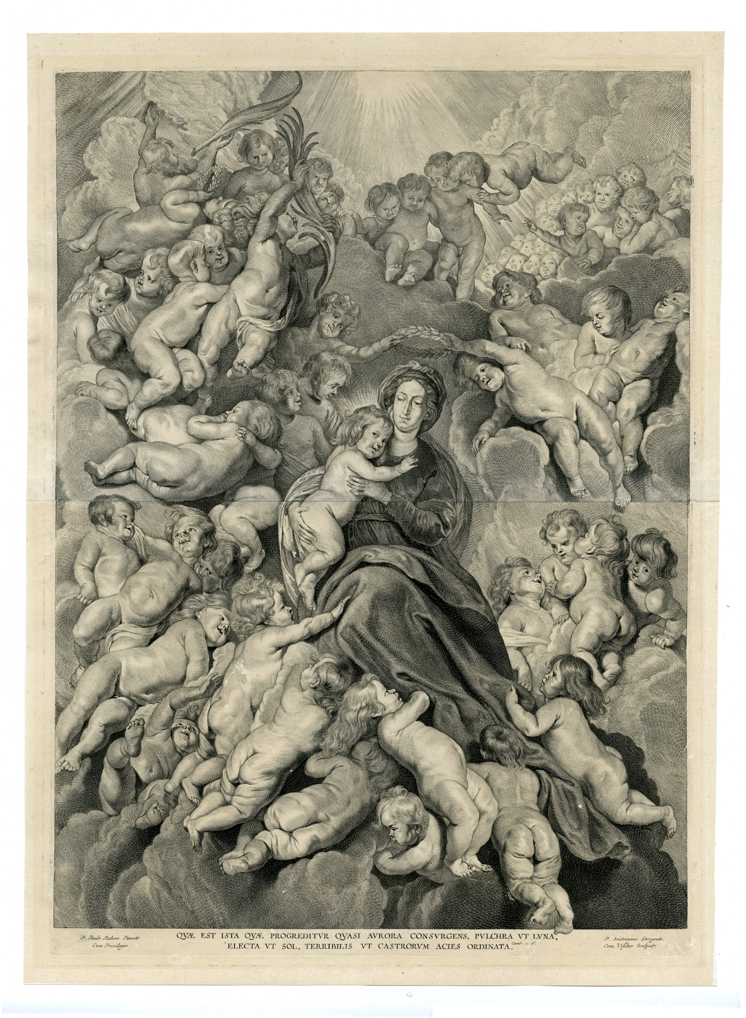 , Large Antique Print-ALLEGORY-JESUS-MARIA-CHERUBS-Cornelis Visscher after P.P. Rubens, Pictura Antique Prints