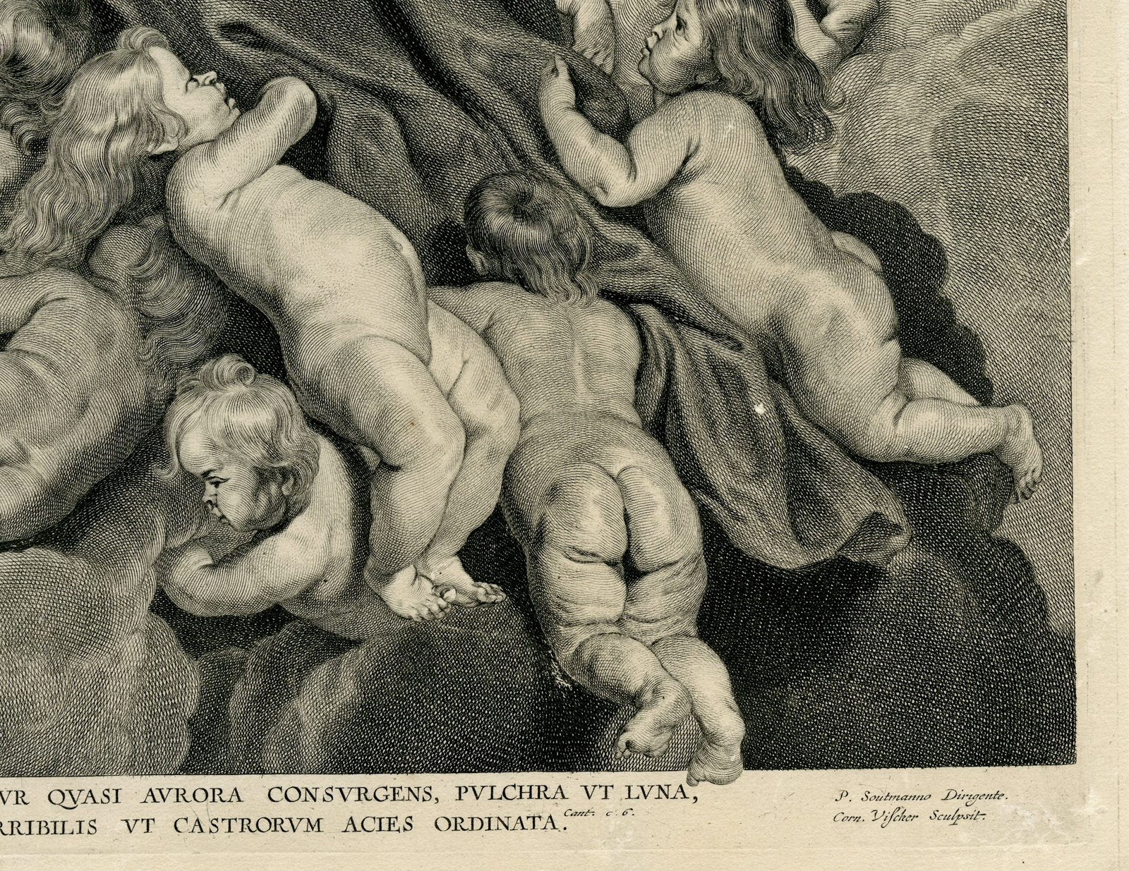 , Large Antique Print-ALLEGORY-JESUS-MARIA-CHERUBS-Cornelis Visscher after P.P. Rubens, Pictura Antique Prints