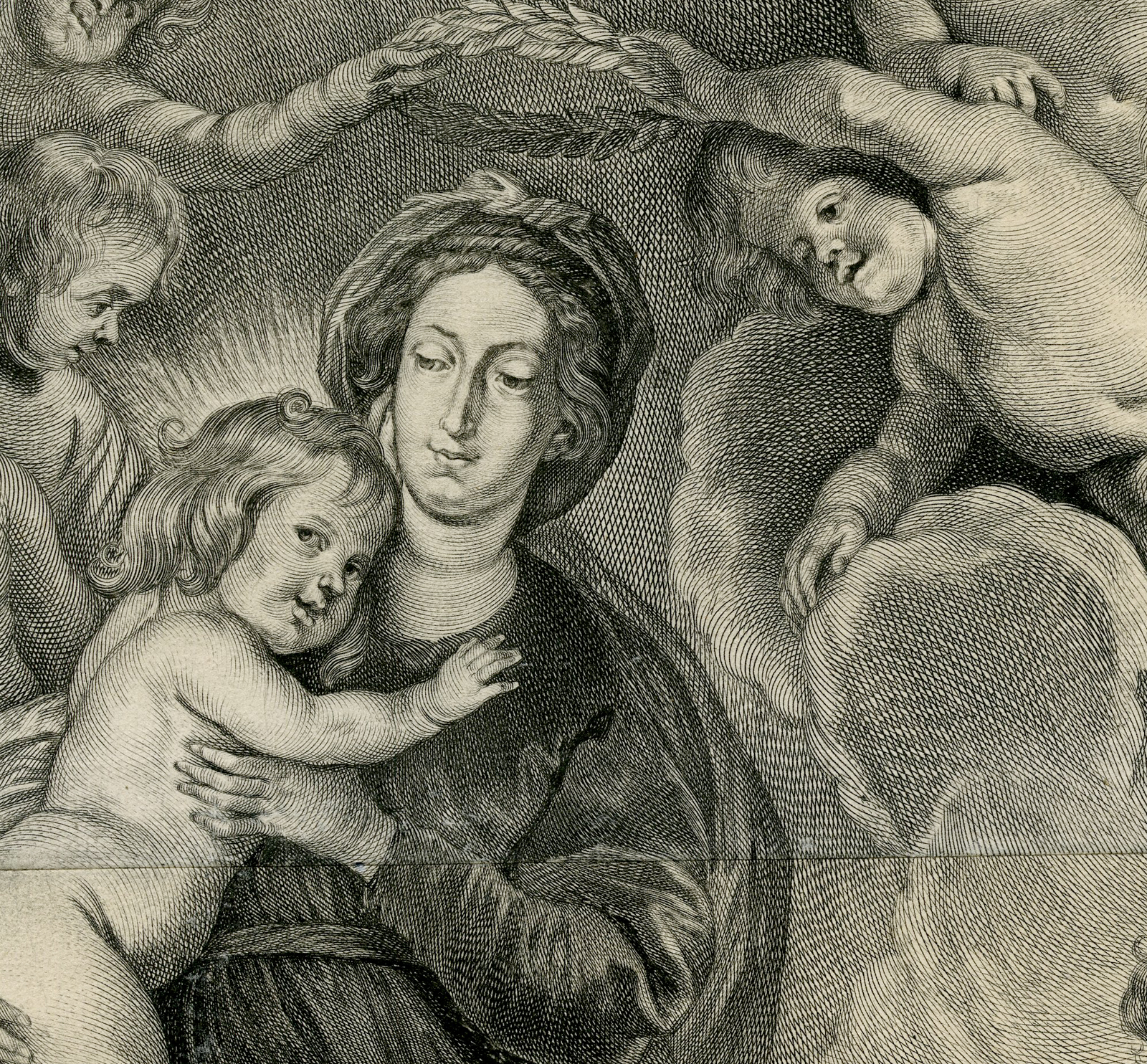 , Large Antique Print-ALLEGORY-JESUS-MARIA-CHERUBS-Cornelis Visscher after P.P. Rubens, Pictura Antique Prints