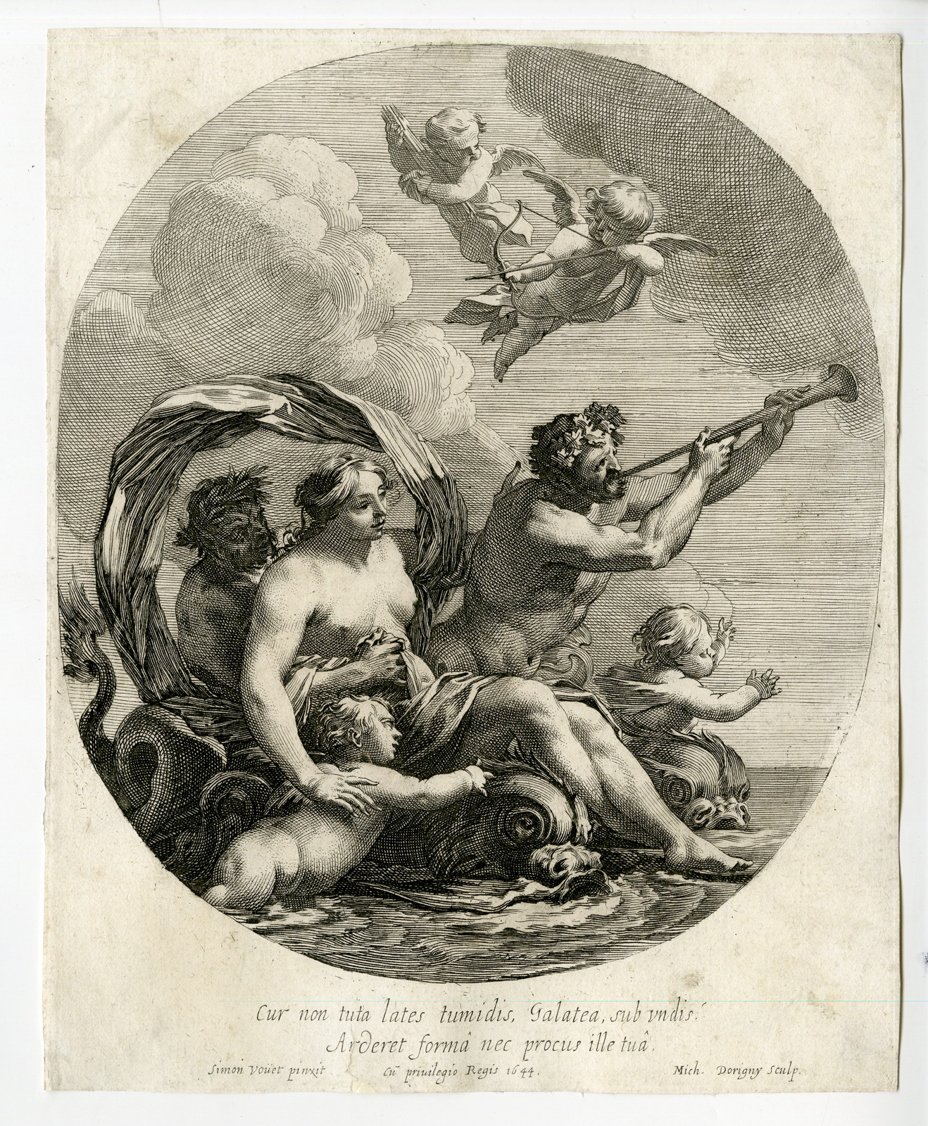 , Antique Print-TRIUMPH OF GALATEA-Vouet-Dorigny-1644, Pictura Antique Prints