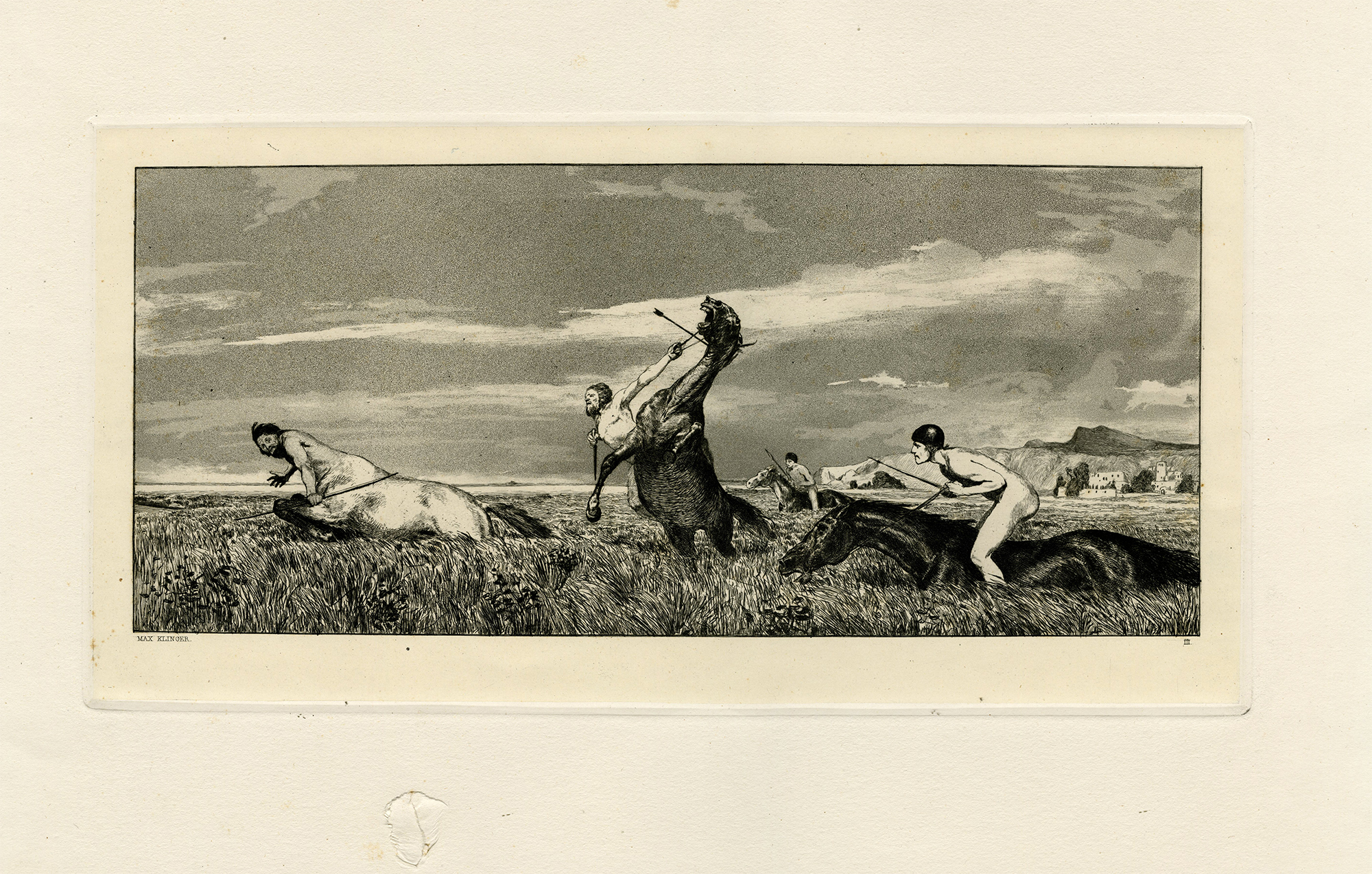 , Antique Master Print-CENTAUR CHASED-NUDE MALES-HORSEBACK-Max Klinger-1881, Pictura Antique Prints