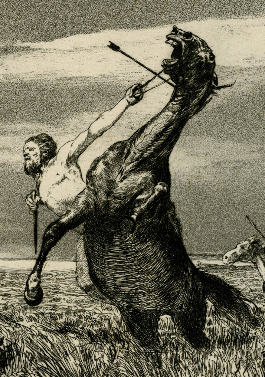 , Antique Master Print-CENTAUR CHASED-NUDE MALES-HORSEBACK-Max Klinger-1881, Pictura Antique Prints