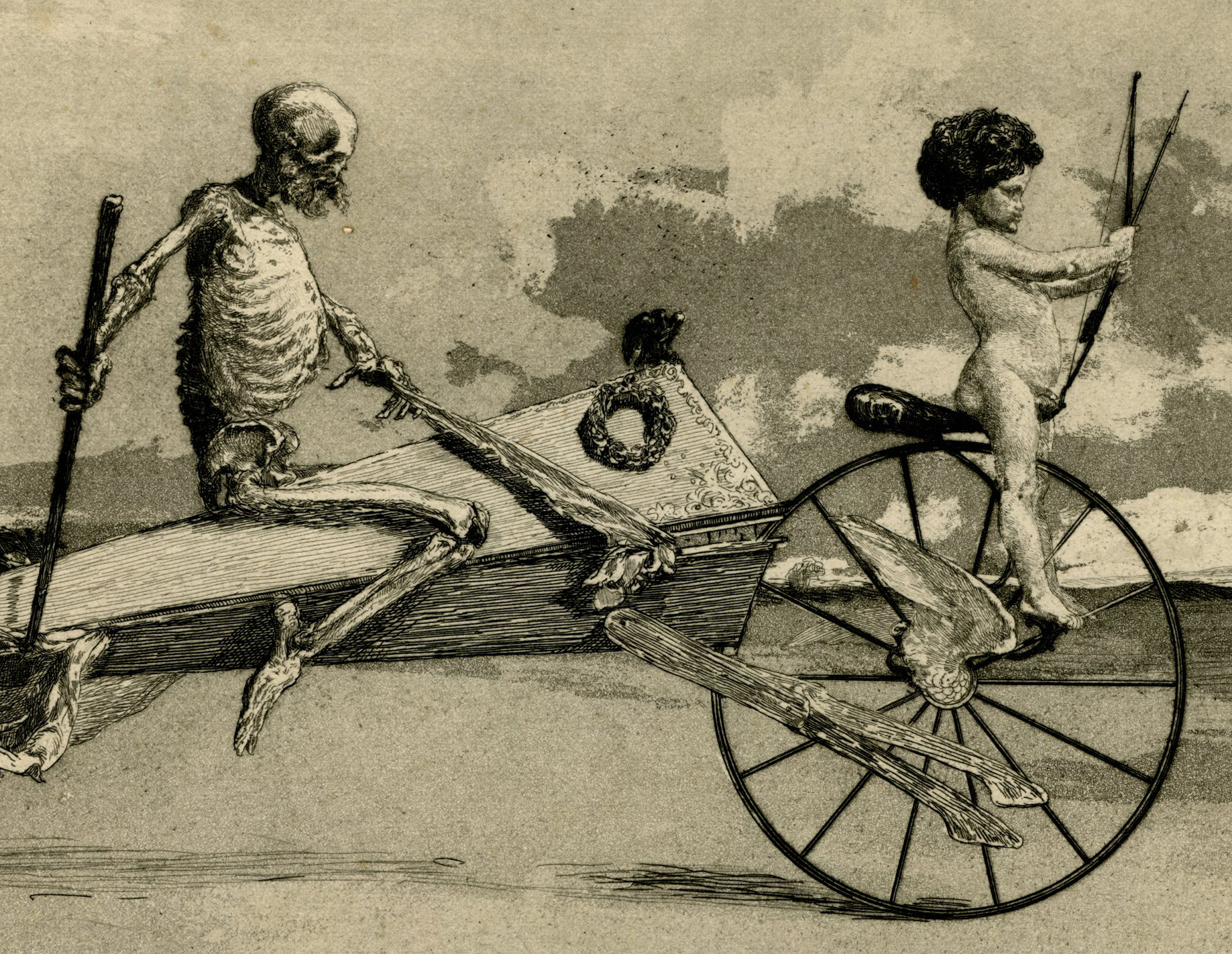 , Antique Master Print-AMOR-DEATH-SKELETON-GHOST-Max klinger-1881, Pictura Antique Prints