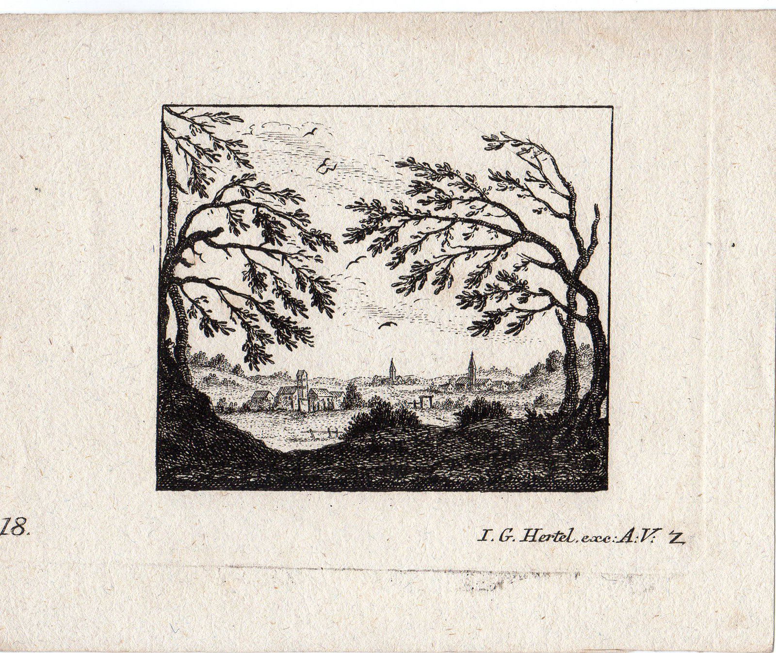 , Antique Master Print-VILLAGE-VIEW-LANDSCAPE-Hertel-C. 1750, Pictura Antique Prints